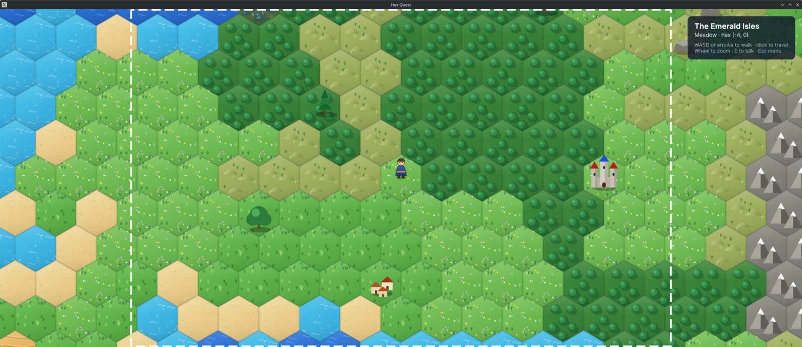 Hex Quest in a 2560 by 1080 window: the hex map fills the whole window, and a dashed frame in the middle marks the 1280 by 800 design size