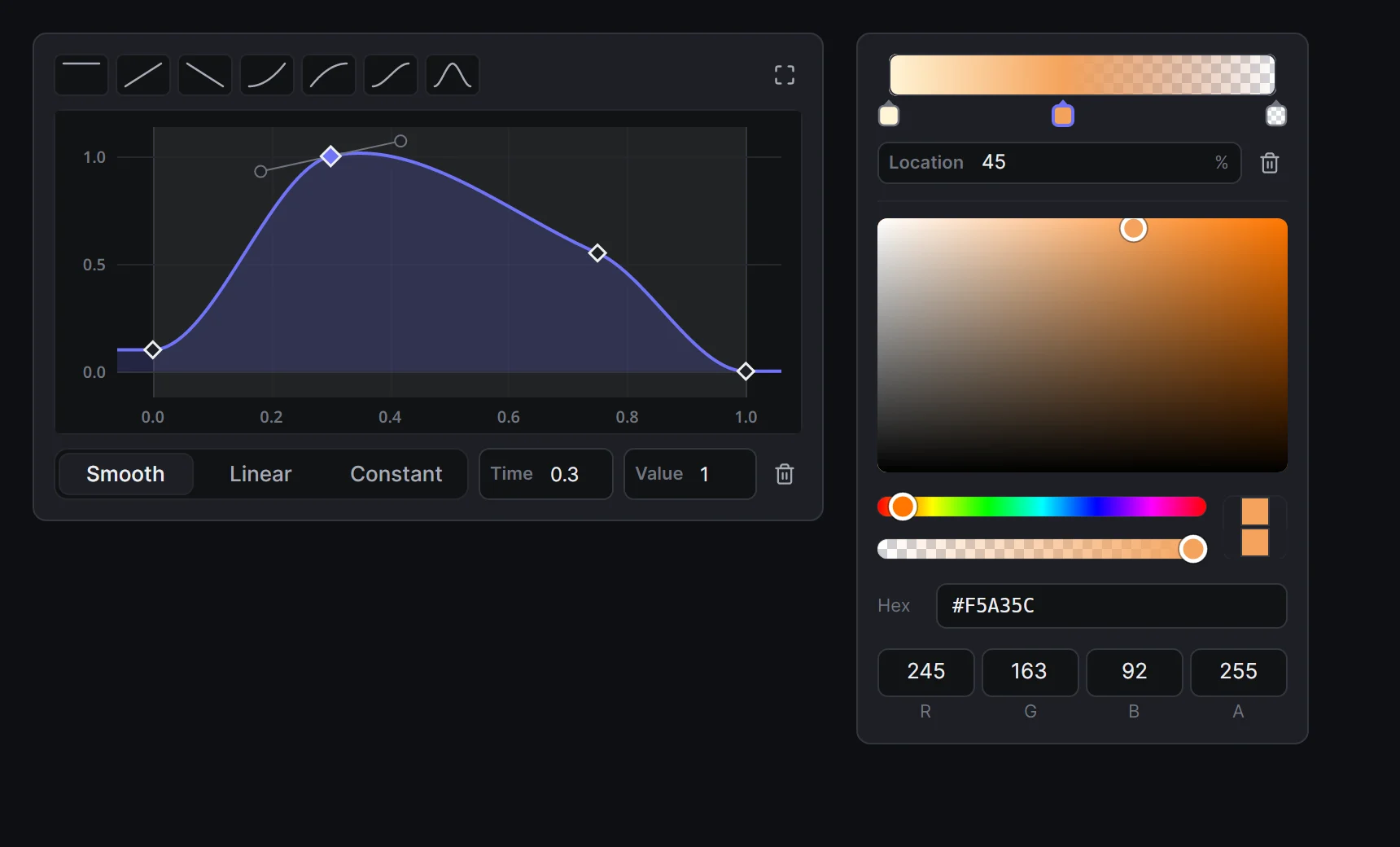 The curve and gradient editors as they appear in their flyouts