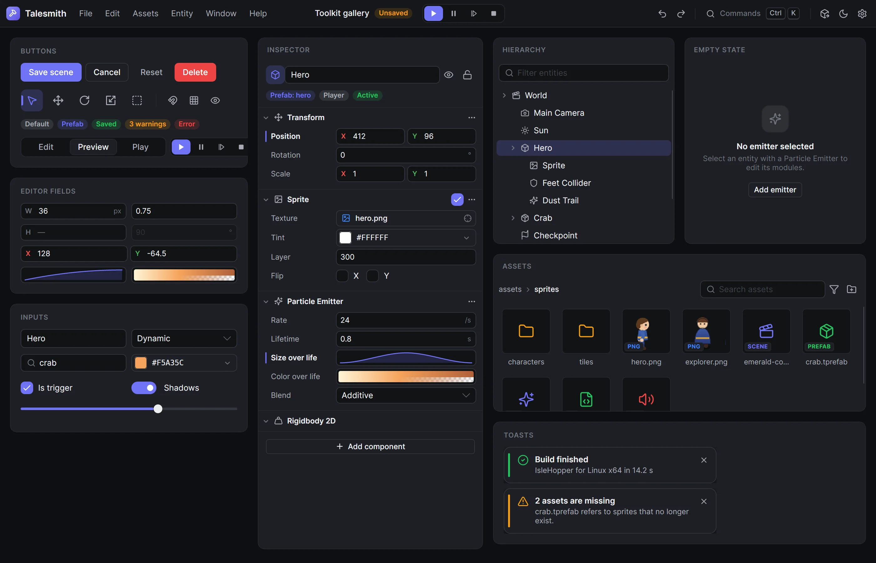 The editor's UI toolkit: buttons, inputs, editor fields, badges, a property grid, a tree, asset tiles and toasts