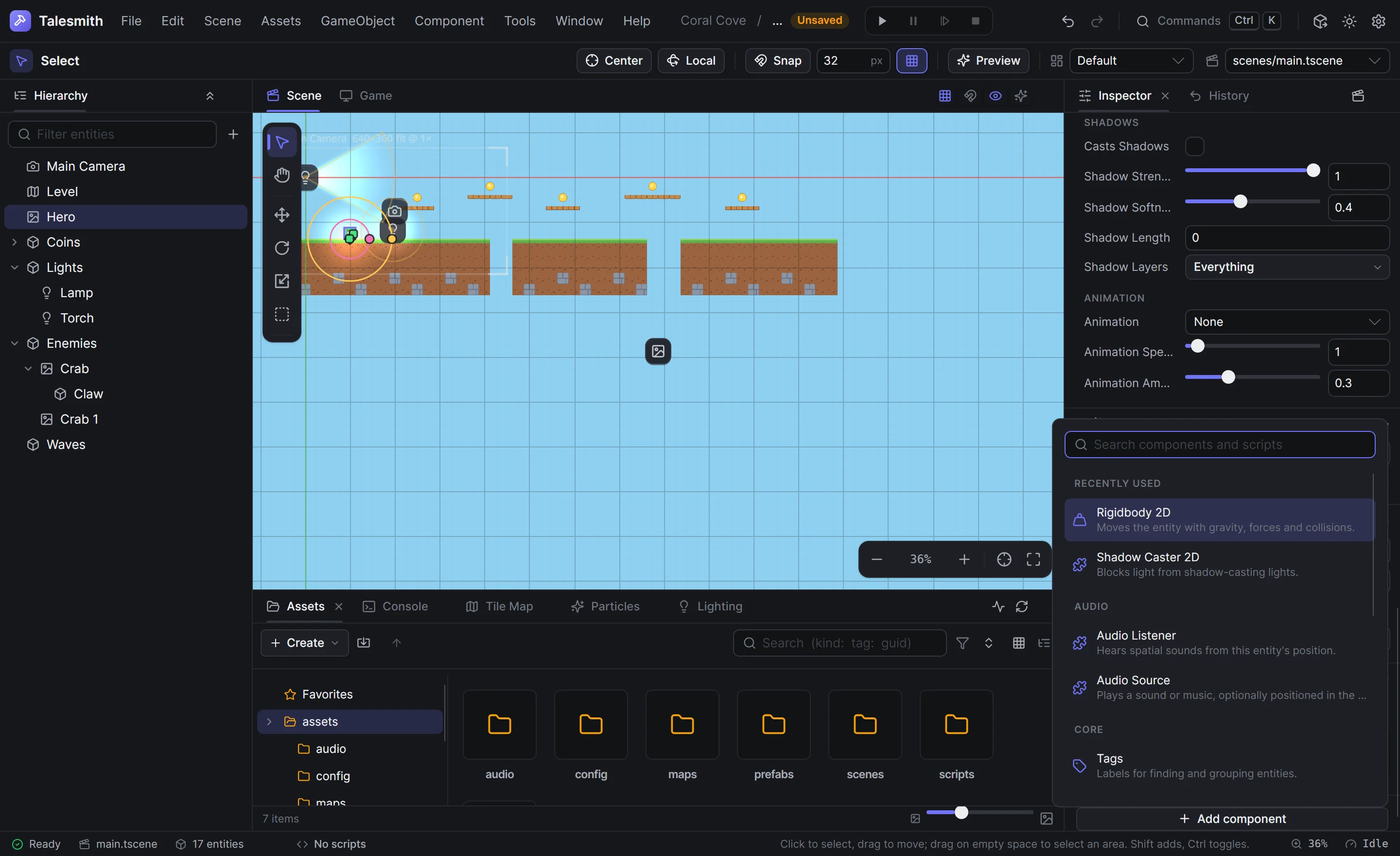 The Add component popup below the Hero, listing recently used components and then components by category