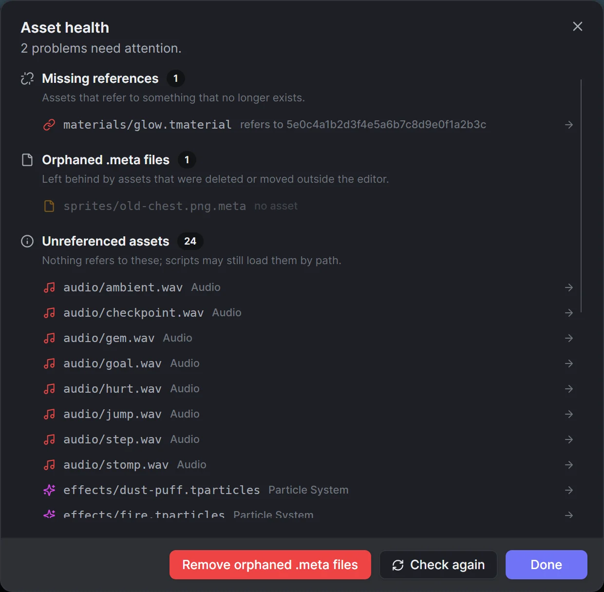 The Asset health dialog with a missing reference, an orphaned .meta file and the unreferenced assets