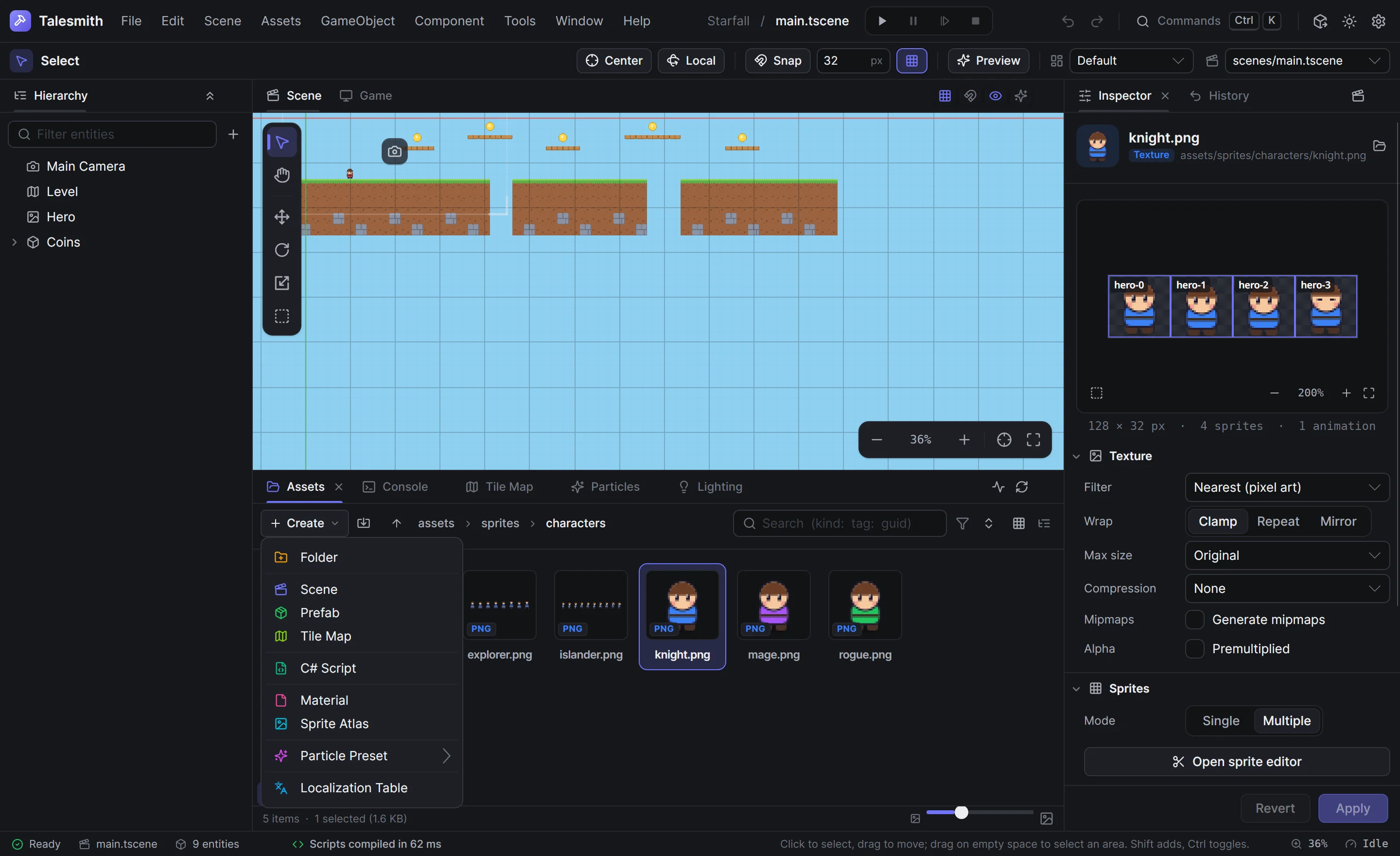 The Create menu of the Assets panel