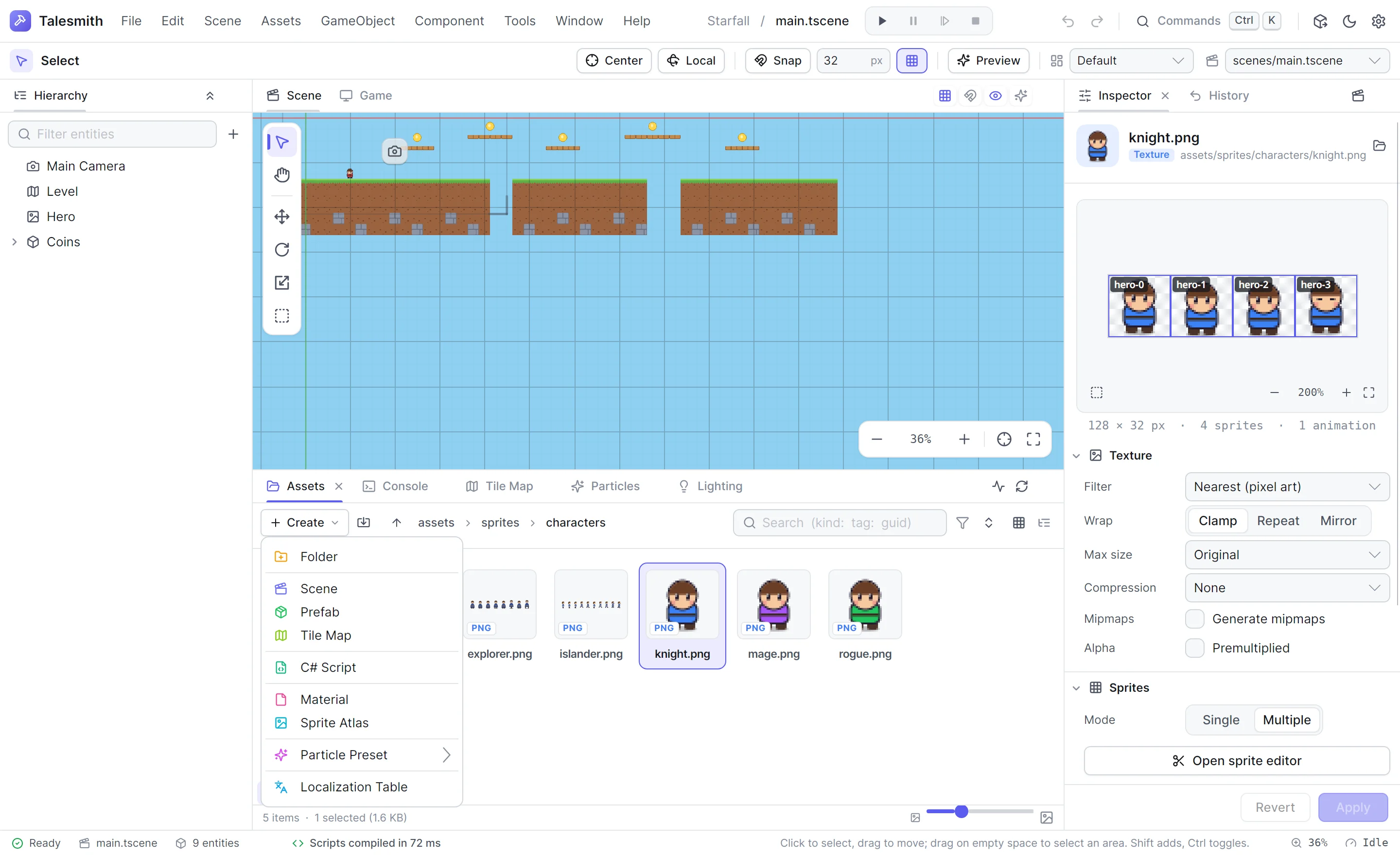The Create menu of the Assets panel