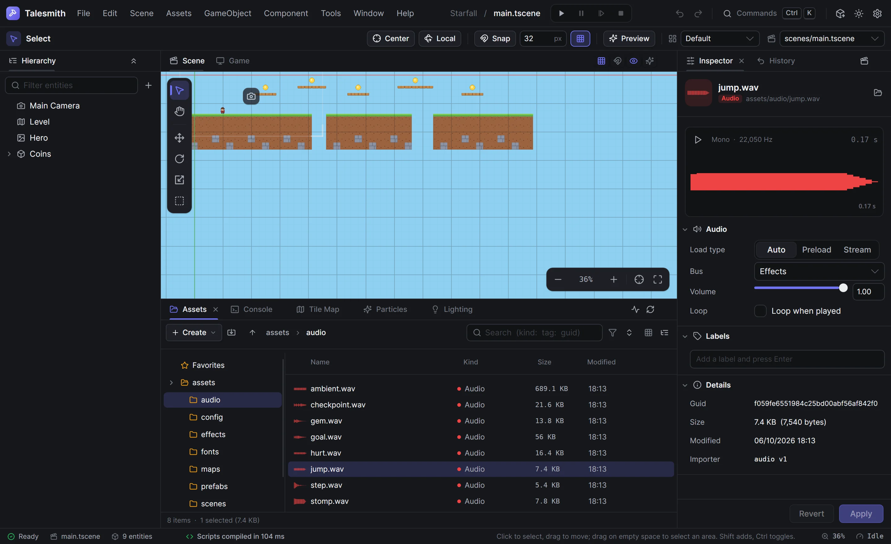 The Assets panel's list view of an audio folder with waveform thumbnails