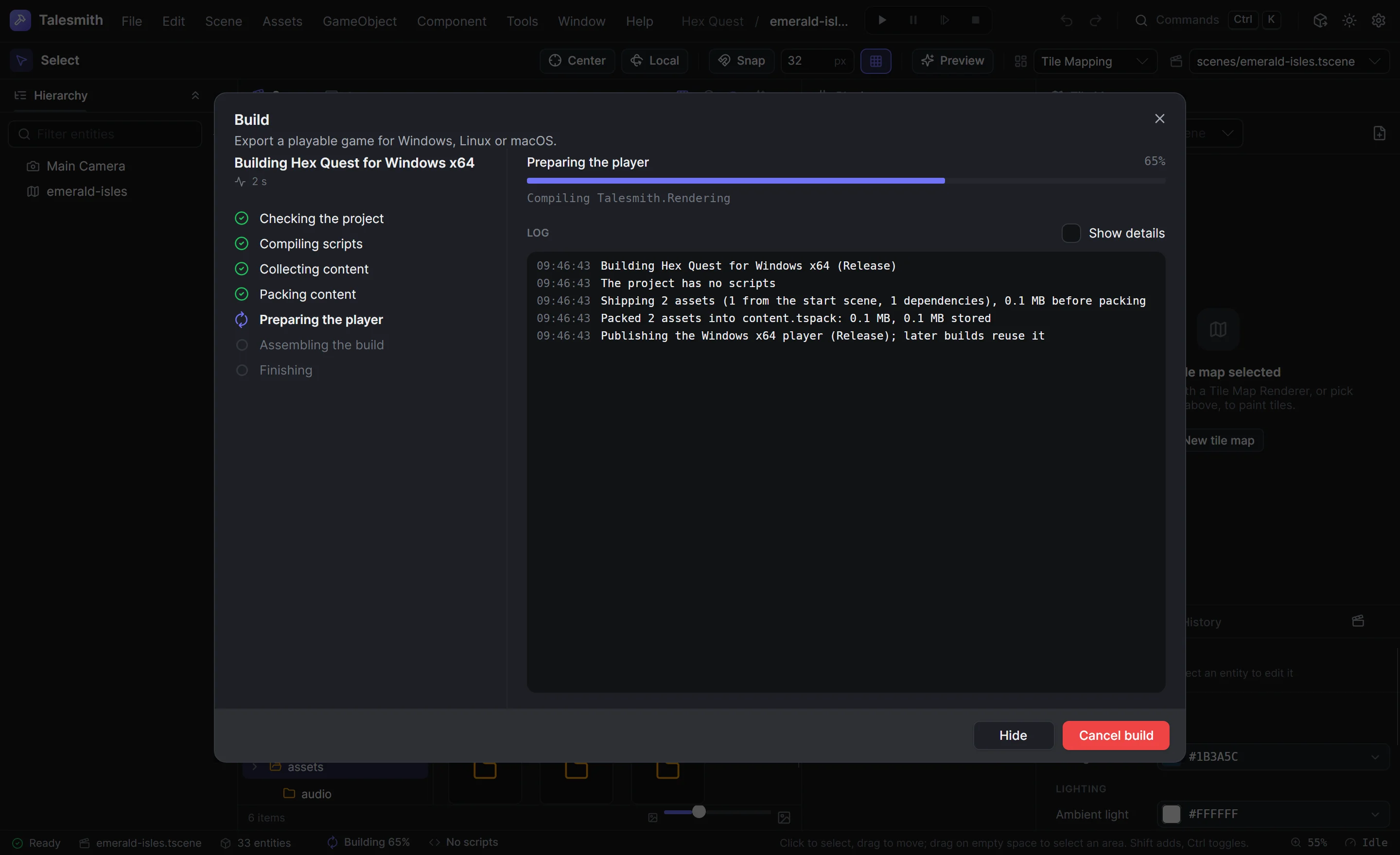The Build dialog while it publishes the Windows player