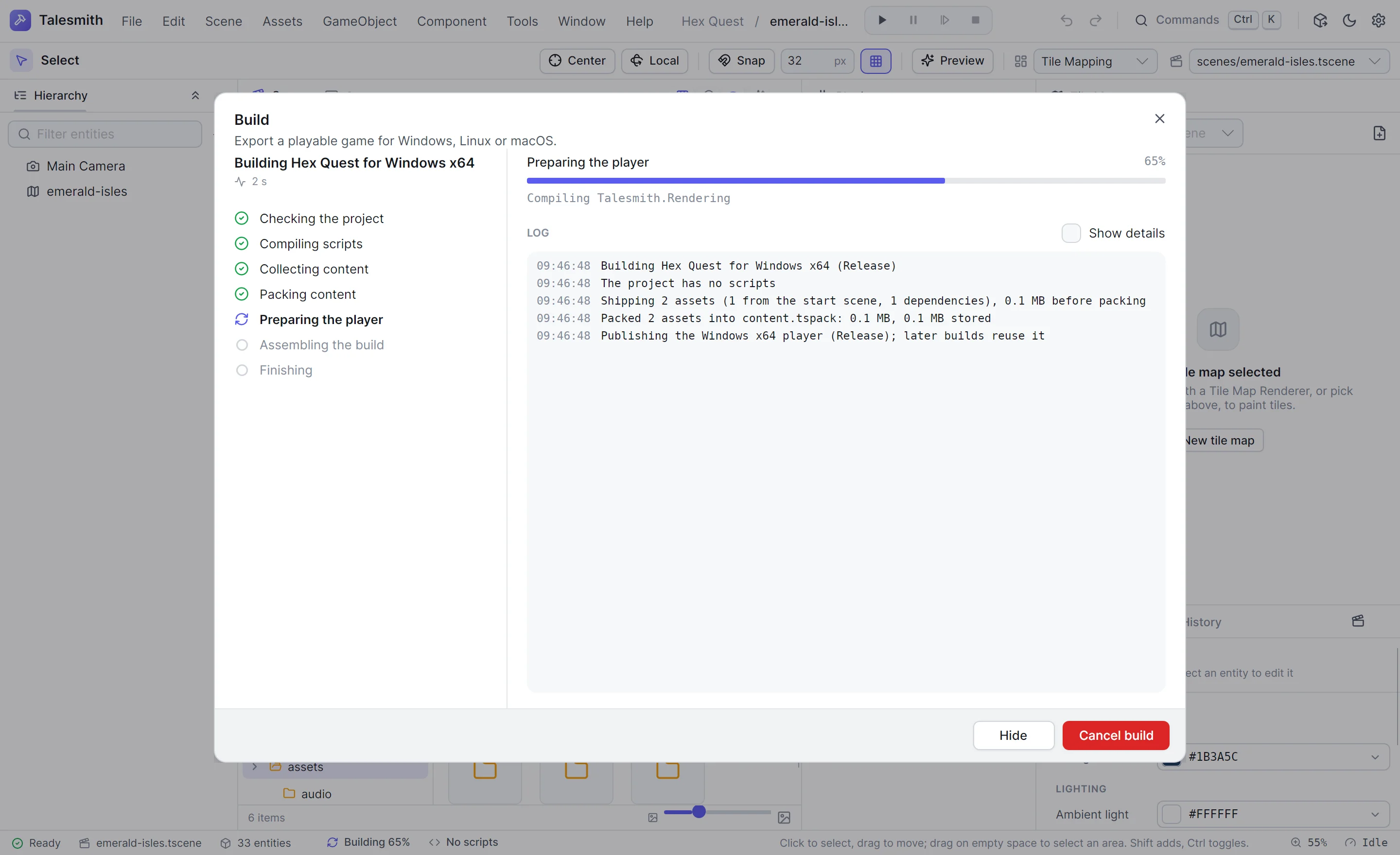 The Build dialog while it publishes the Windows player