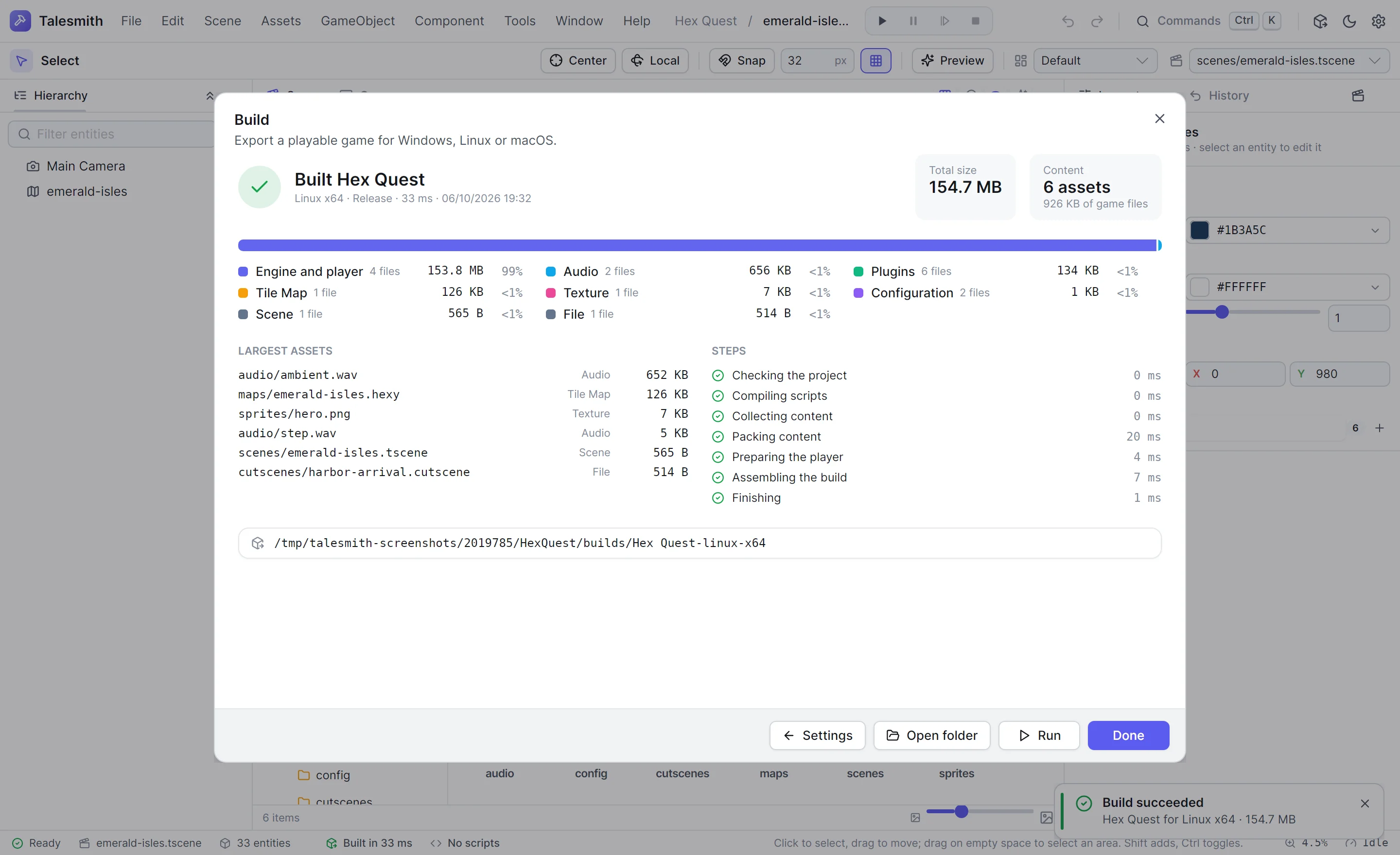 The build report after exporting Hex Quest for Linux