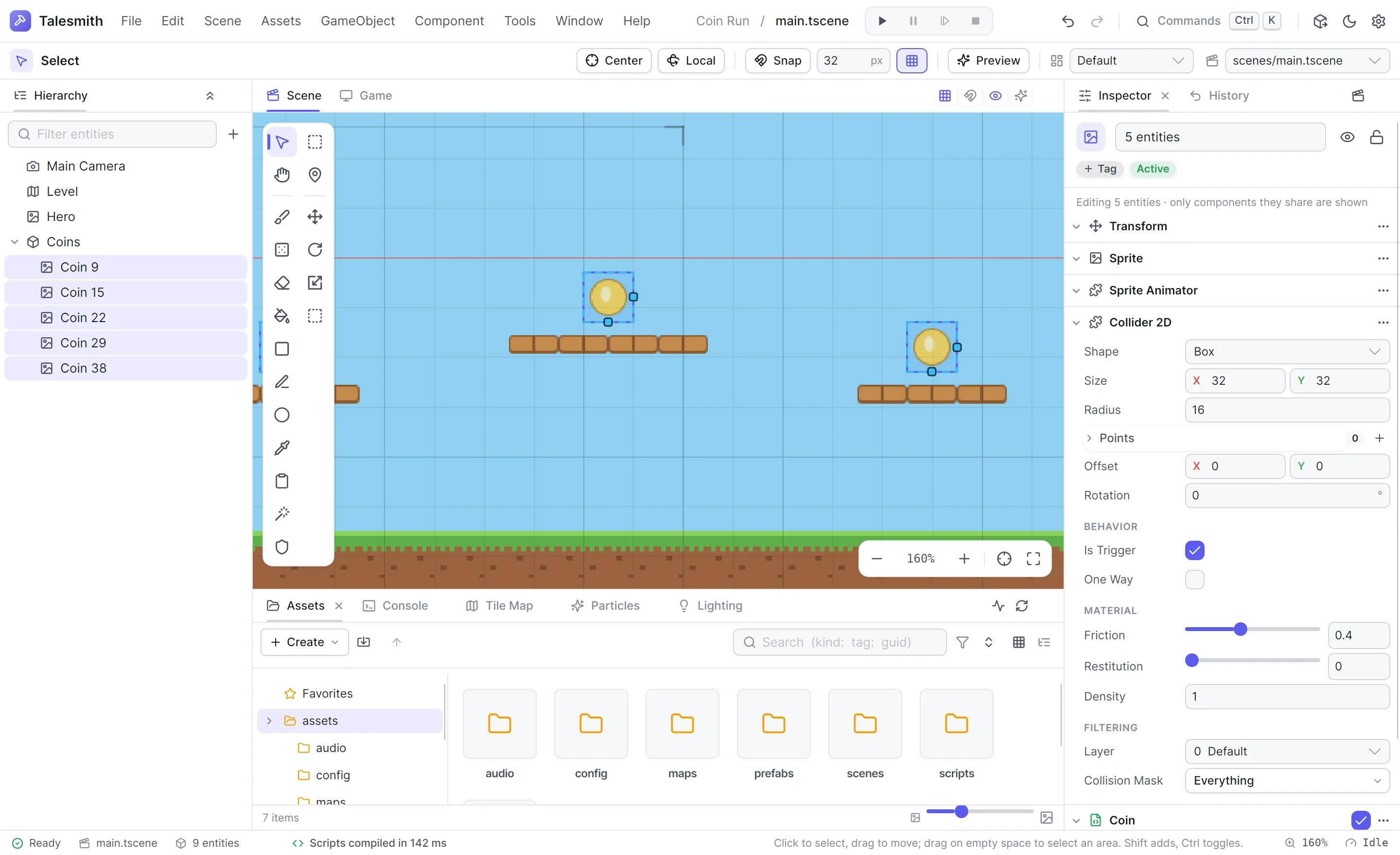 Five coins selected together, each with a trigger collider and the Coin script