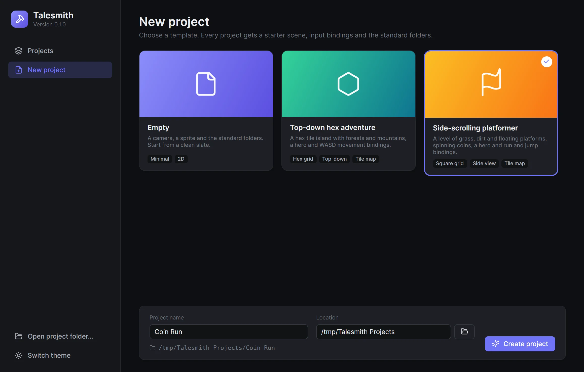 The New project page with the Side-scrolling platformer template chosen and Coin Run as the name