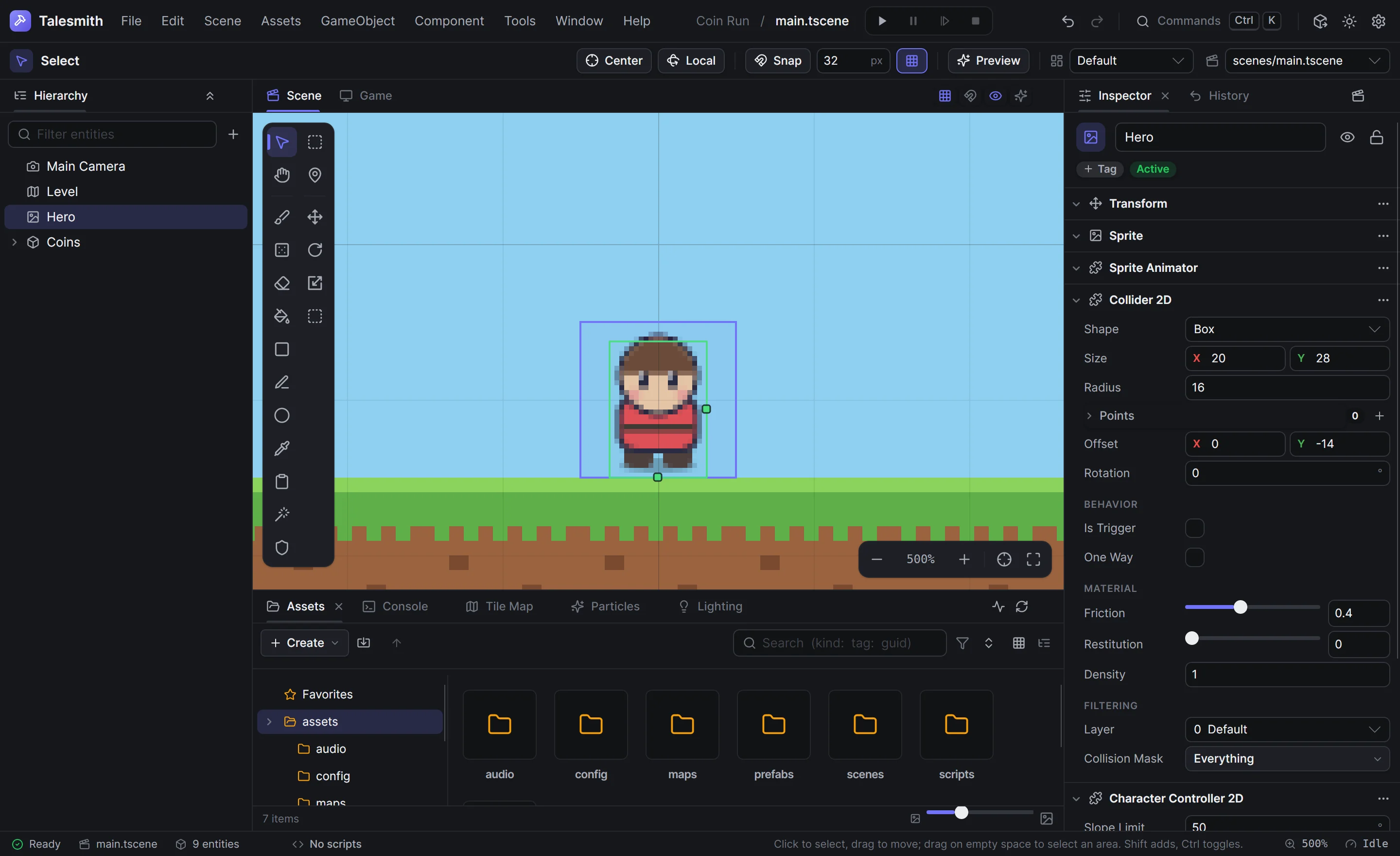 The hero with a Collider 2D and a Character Controller 2D, its collider outlined in the viewport
