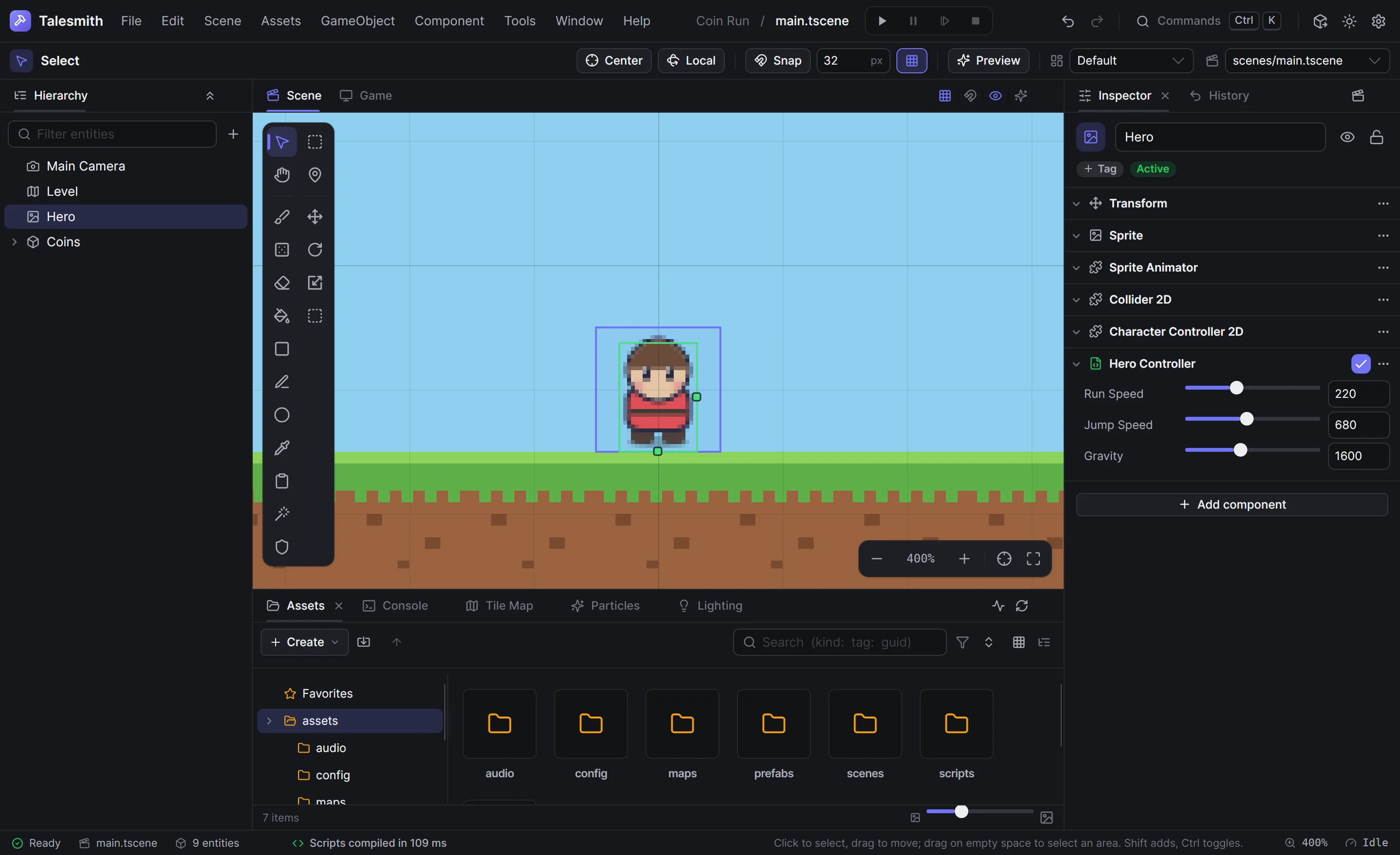 The HeroController script on the hero, with its Run Speed, Jump Speed and Gravity fields