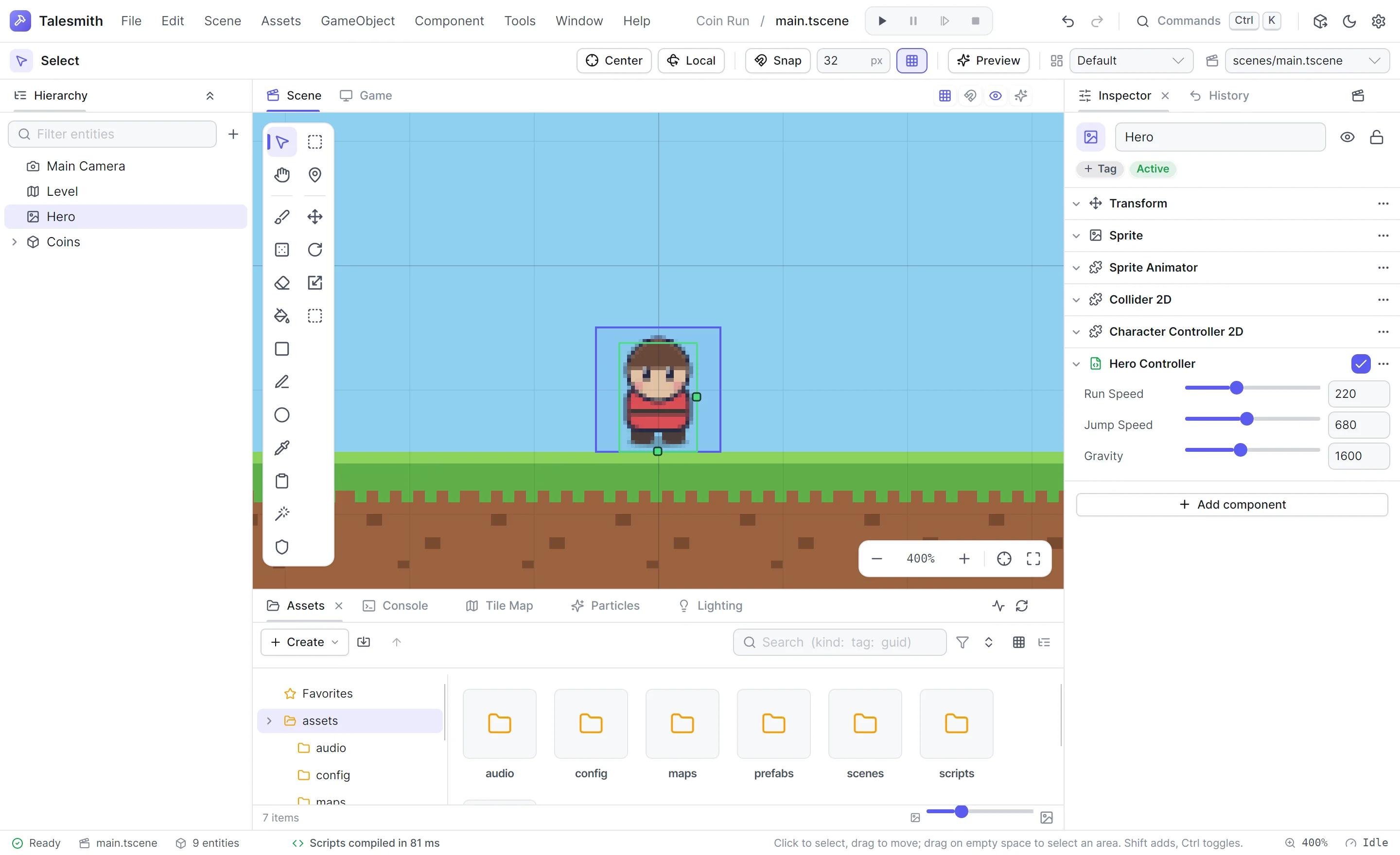 The HeroController script on the hero, with its Run Speed, Jump Speed and Gravity fields