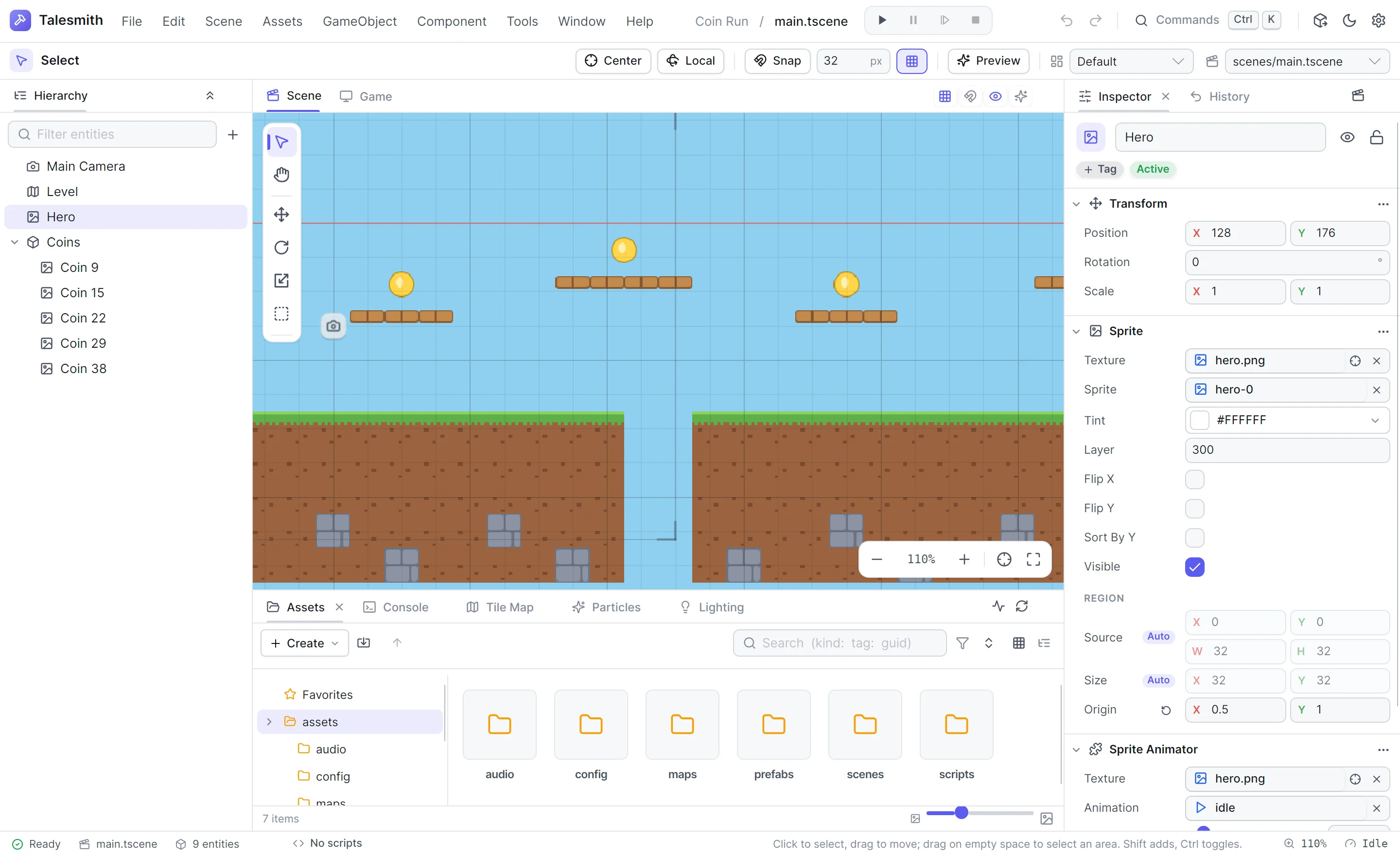 Coin Run's starter scene with the hero selected and the coins listed in the hierarchy