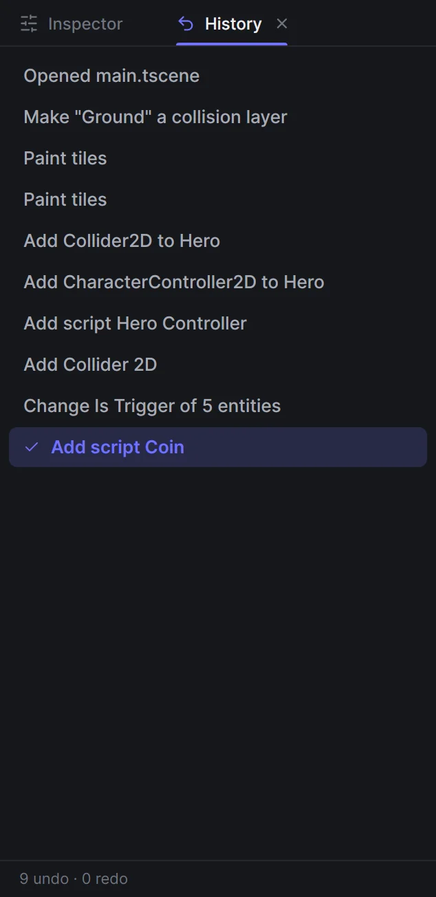 The History panel listing the steps of setting up the coins, with the current step checked