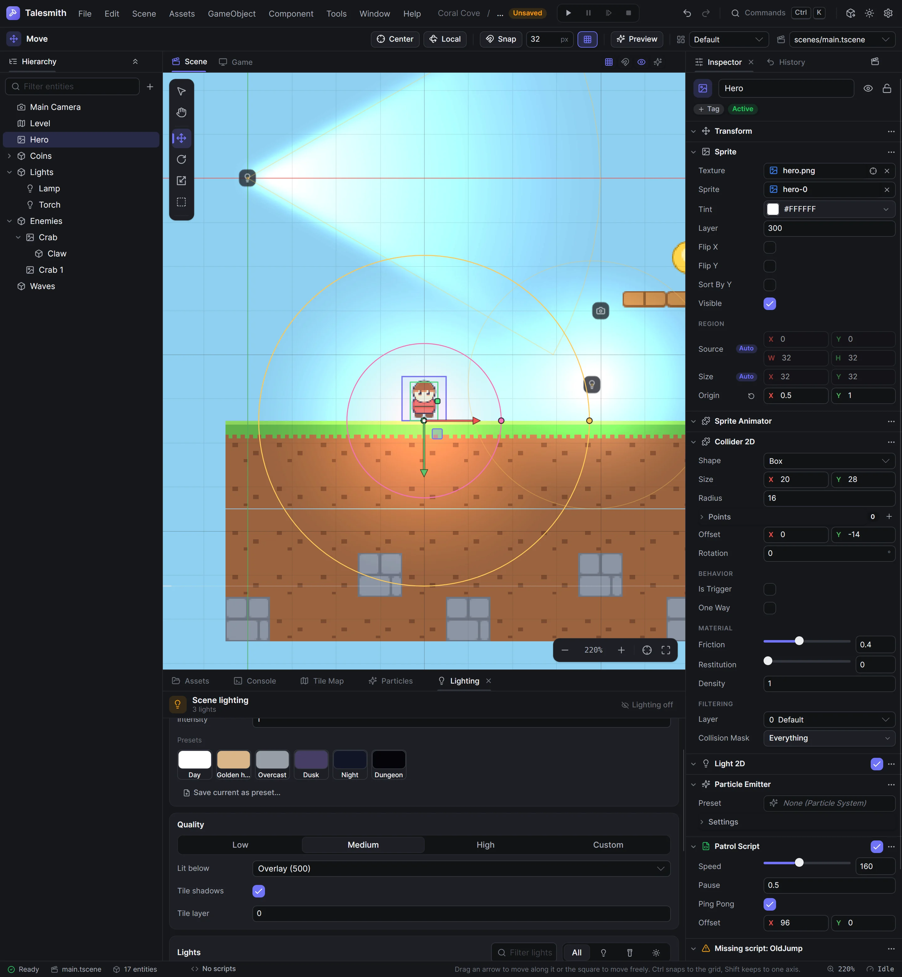 The Inspector showing an entity's sprite, collider, light, particle emitter and script sections