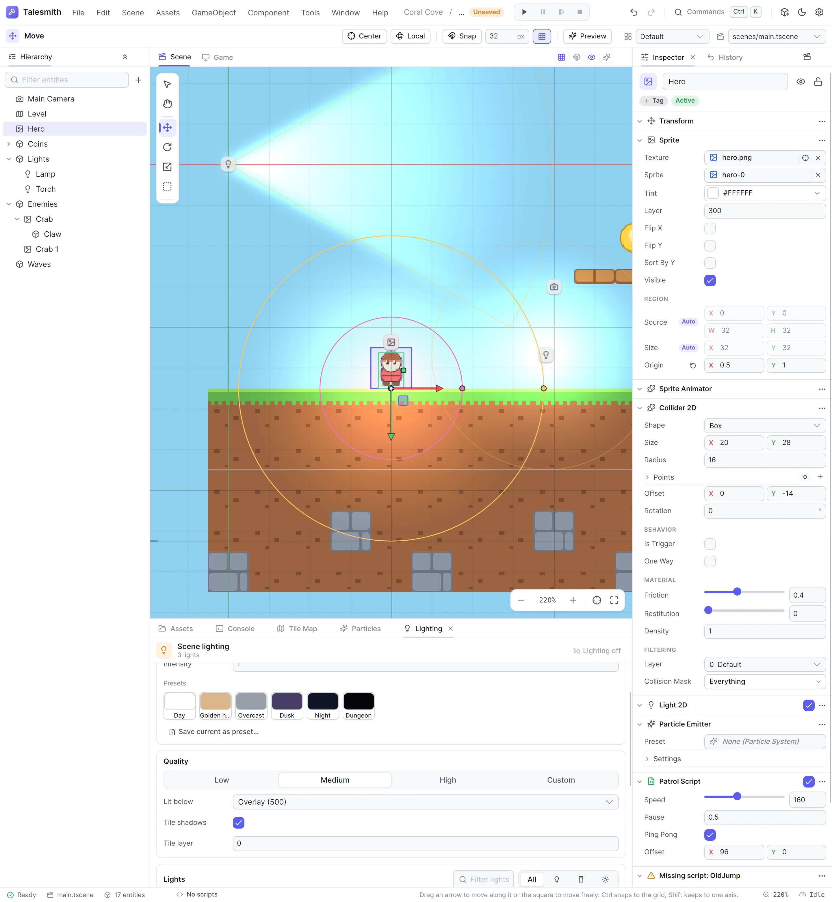 The Inspector showing an entity's sprite, collider, light, particle emitter and script sections