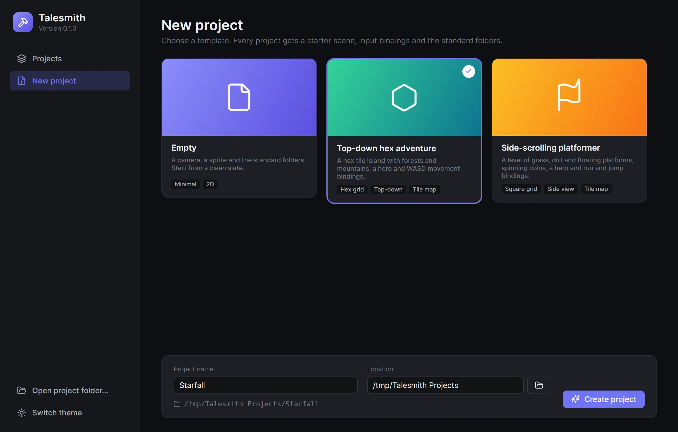 The New project page of the hub with the Empty, hex adventure and platformer templates