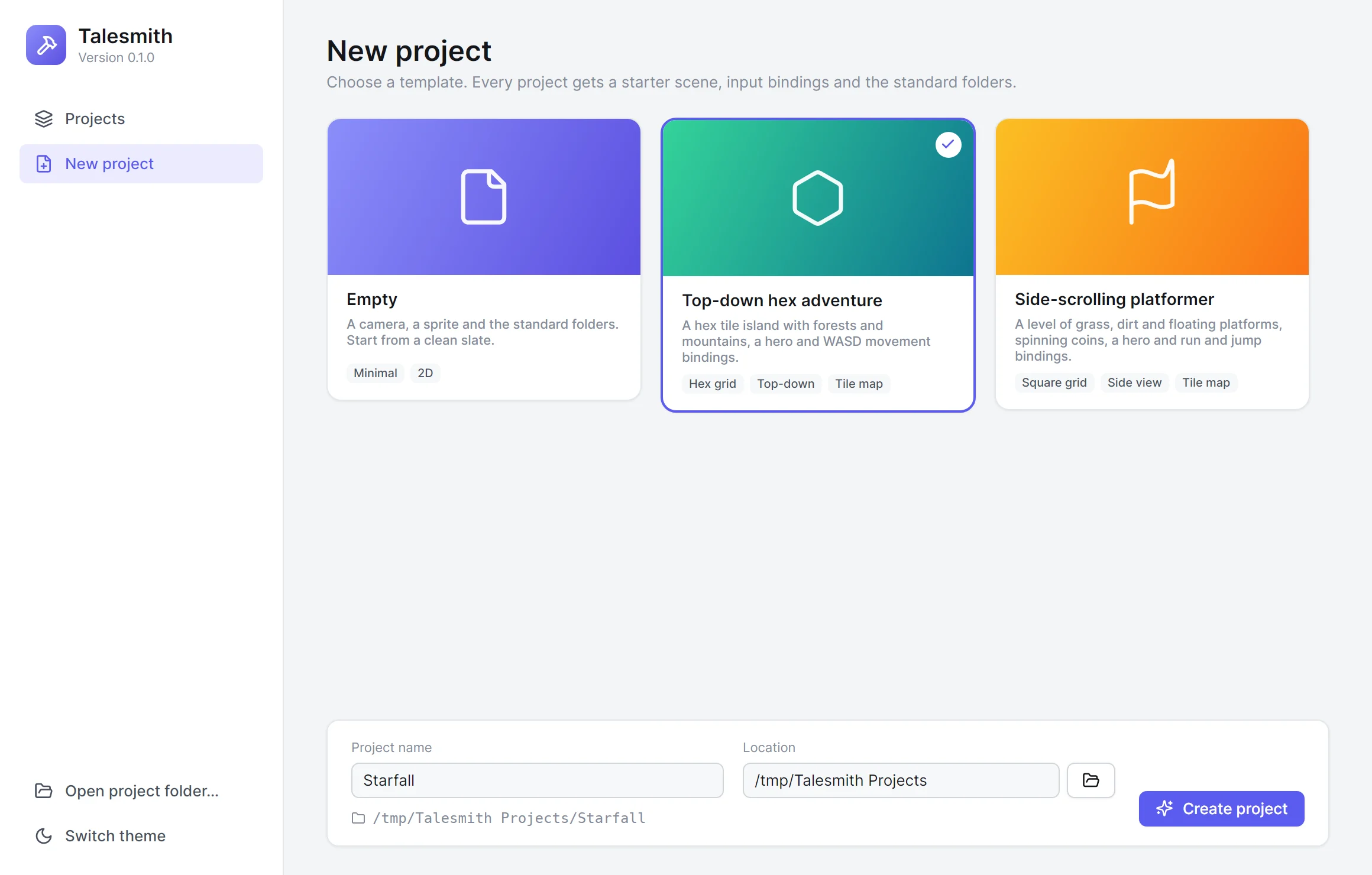 The New project page of the hub with the Empty, hex adventure and platformer templates