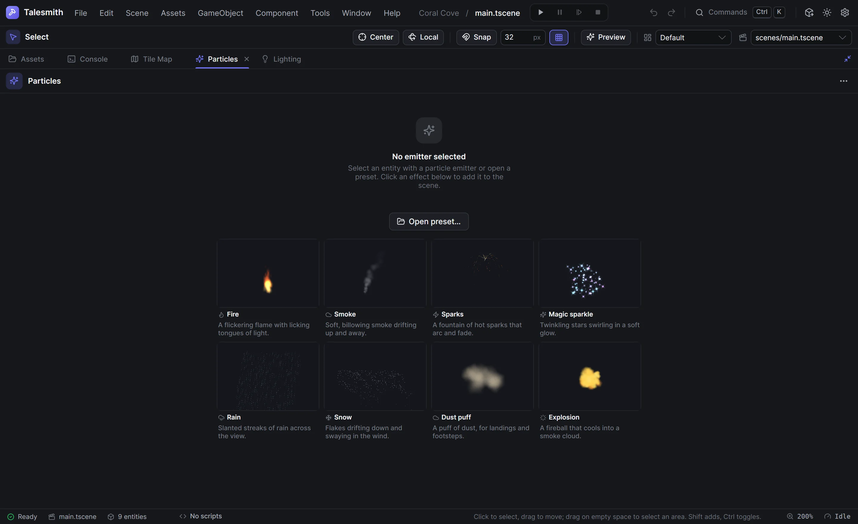 The gallery of built-in particle presets, each playing in its own preview