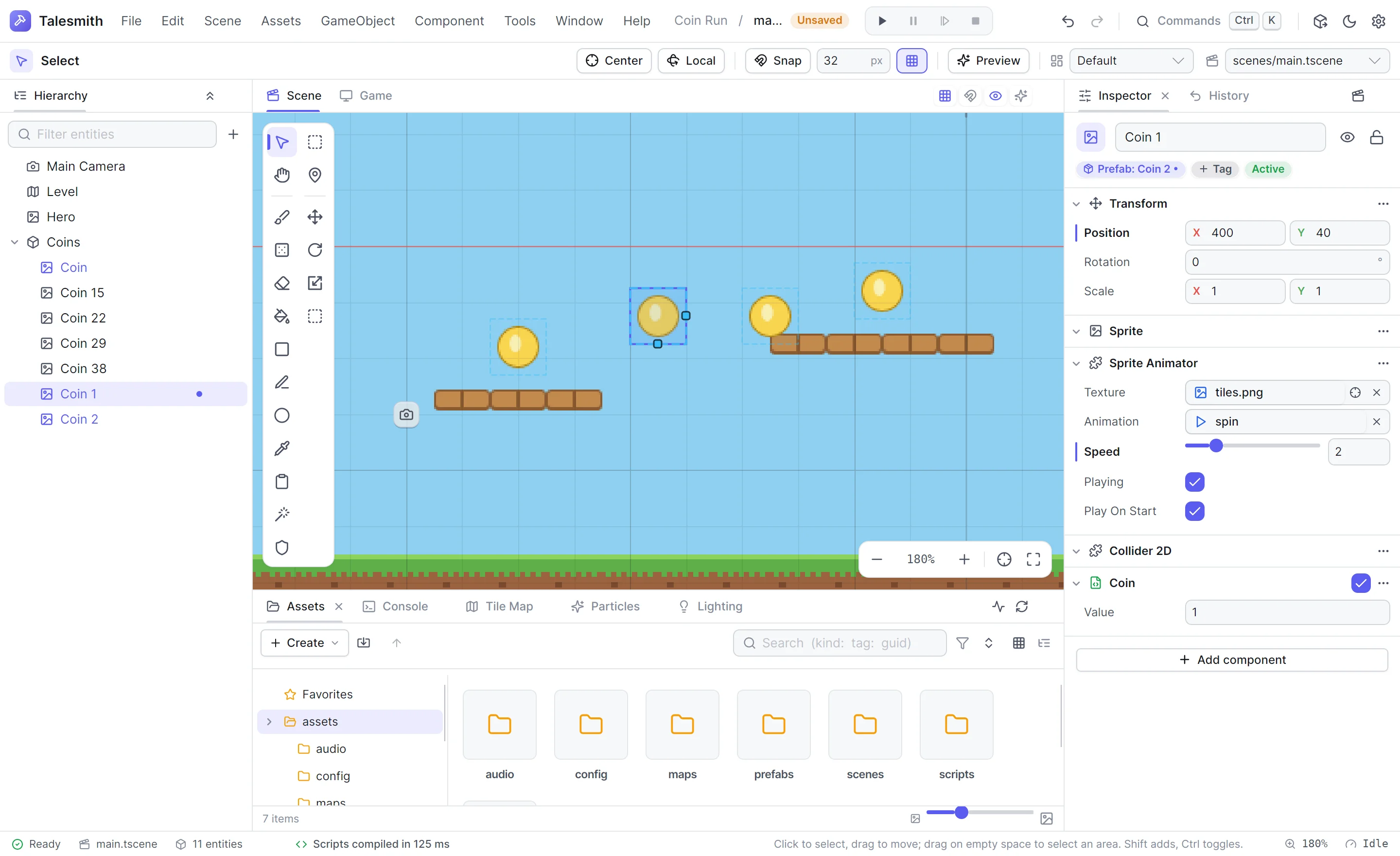 A coin prefab instance with an overridden animation speed, its prefab badge and the hierarchy's modified dot