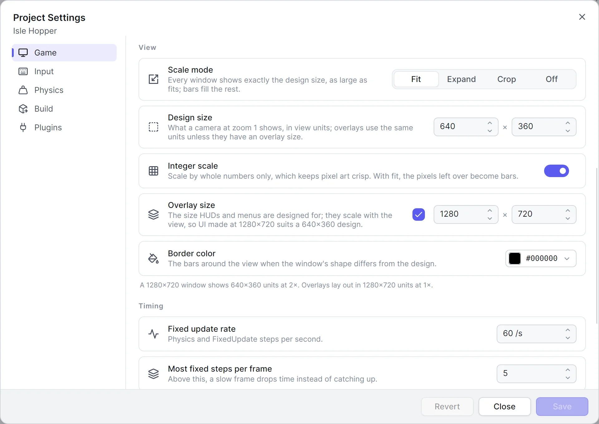 Project Settings on Isle Hopper's Game page, scrolled to the View section: fit, a 640 × 360 design size, integer scale, a 1280 × 720 overlay size, black bars and the sentence describing what a 1280 × 720 window shows