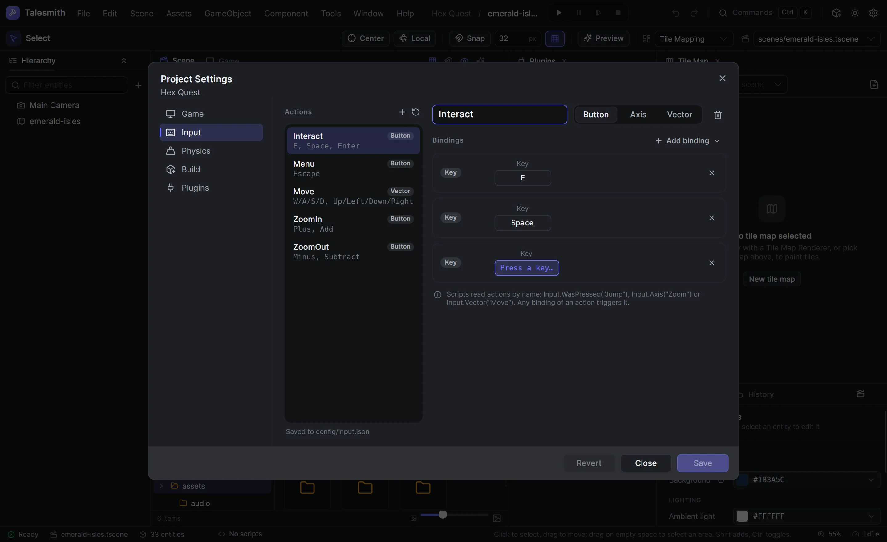 Project Settings on the input page, recording a new key for an action