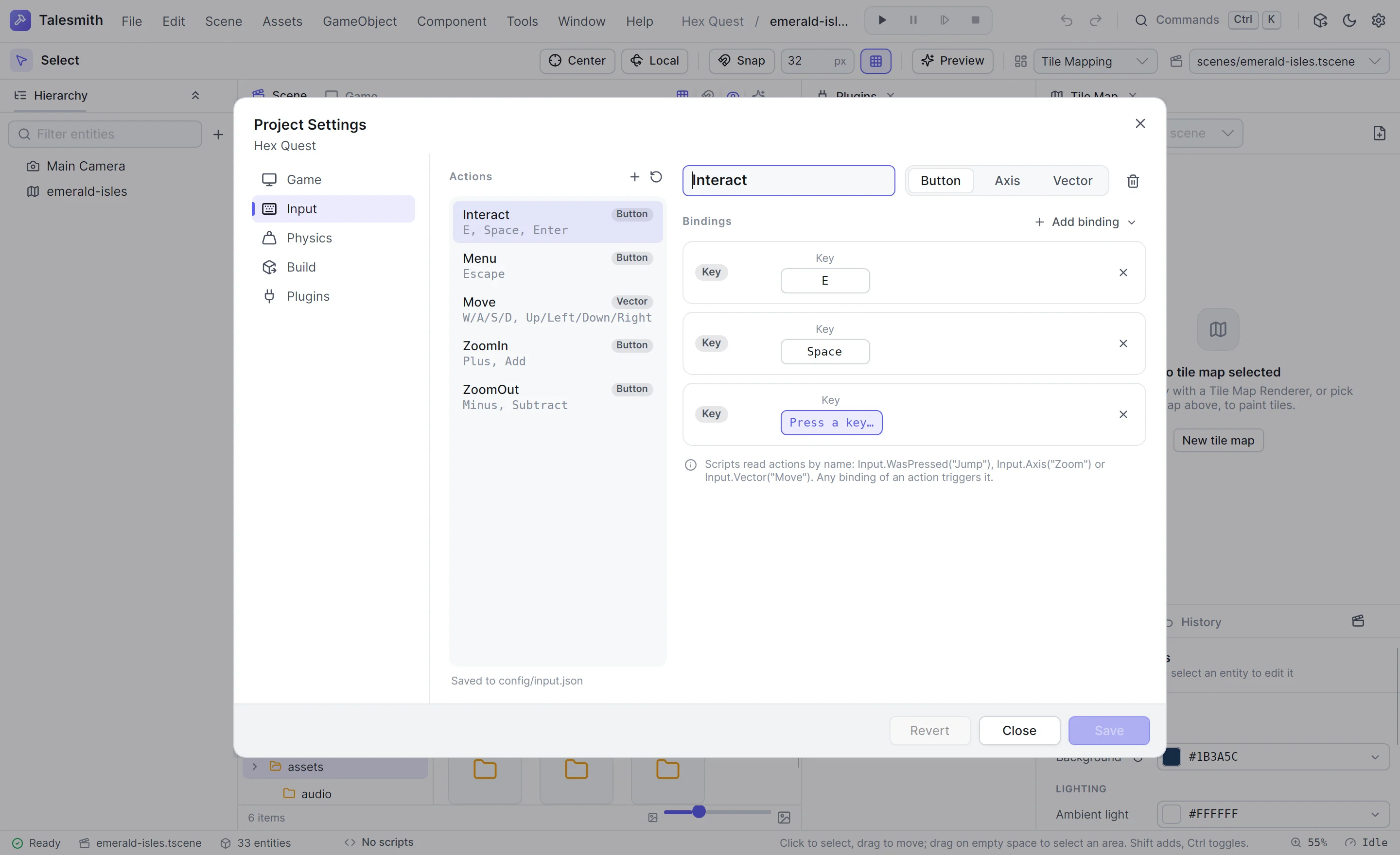 Project Settings on the input page, recording a new key for an action