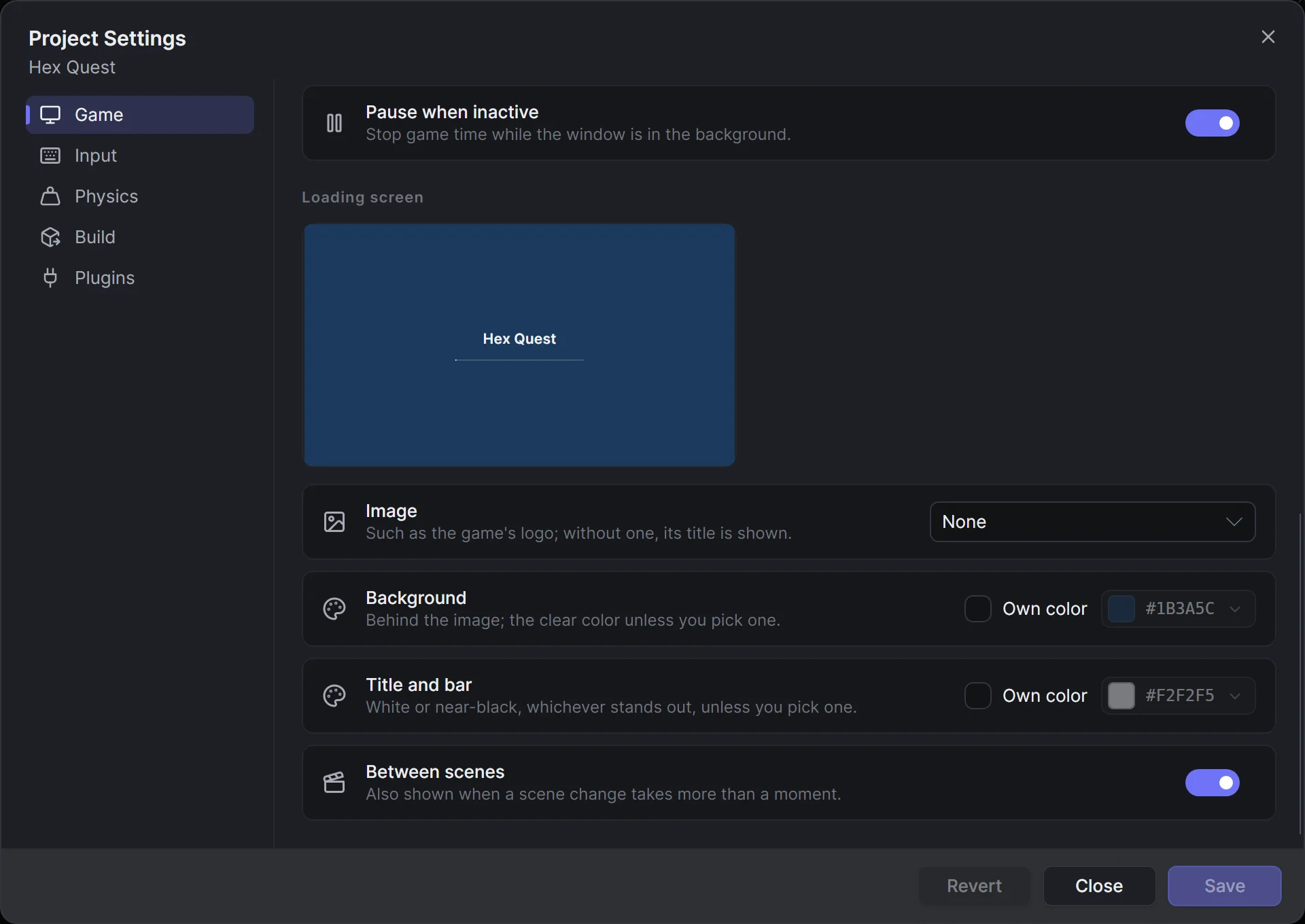Project Settings scrolled to the Loading screen section: its preview, the image, the two colors and the switch for scene changes