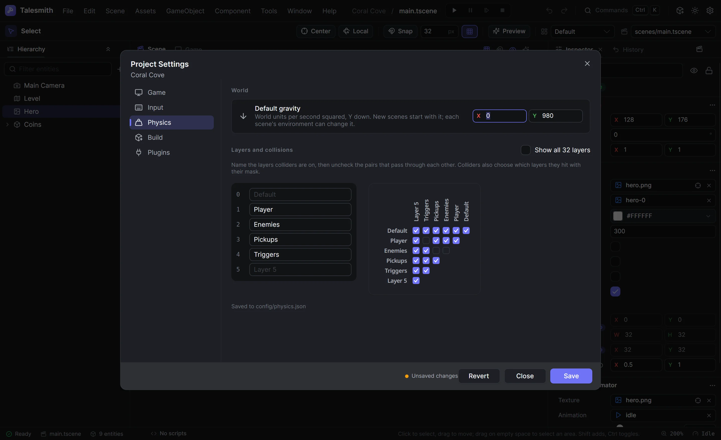 Project Settings on the physics page with named layers and the collision matrix