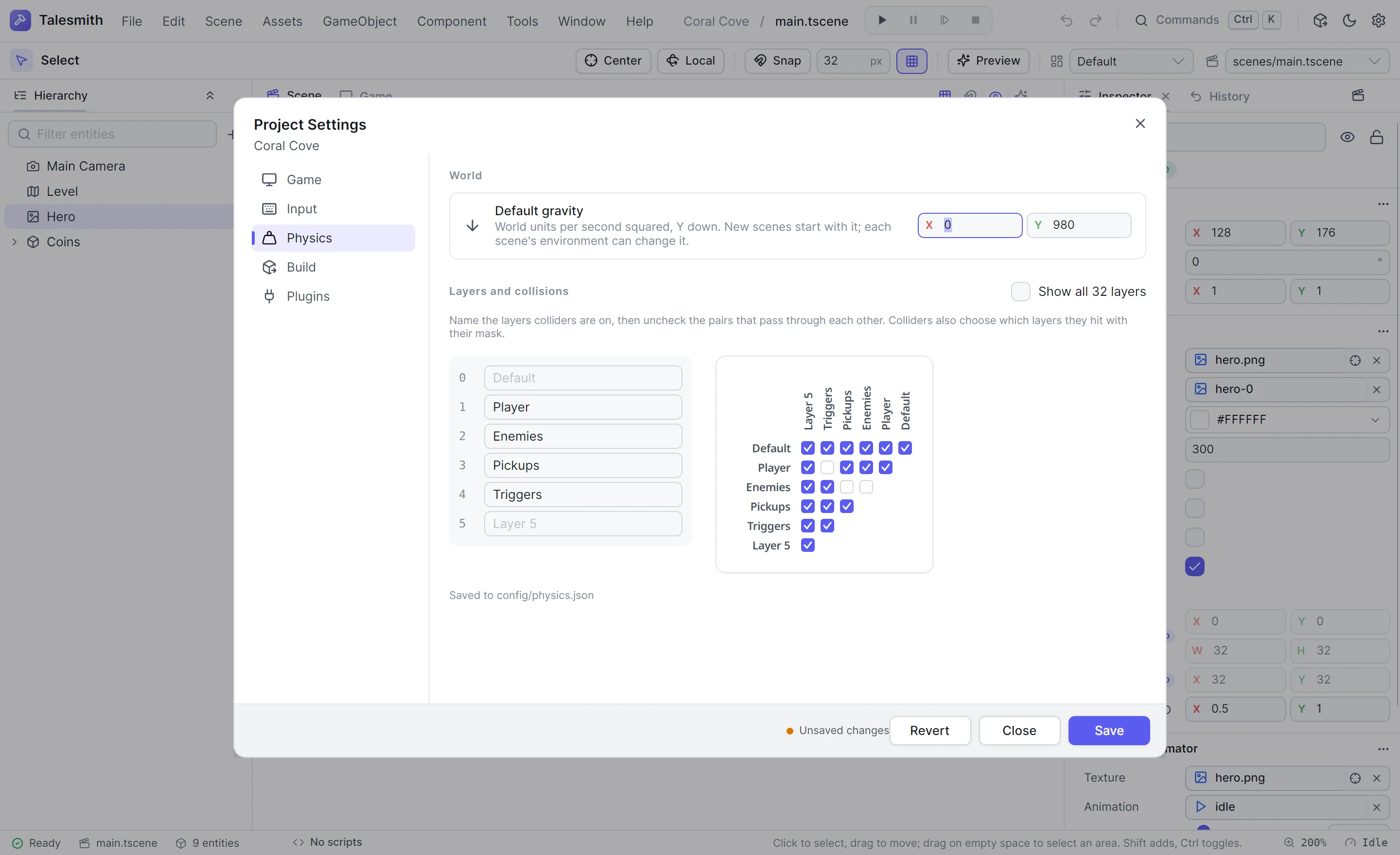 Project Settings on the physics page with named layers and the collision matrix