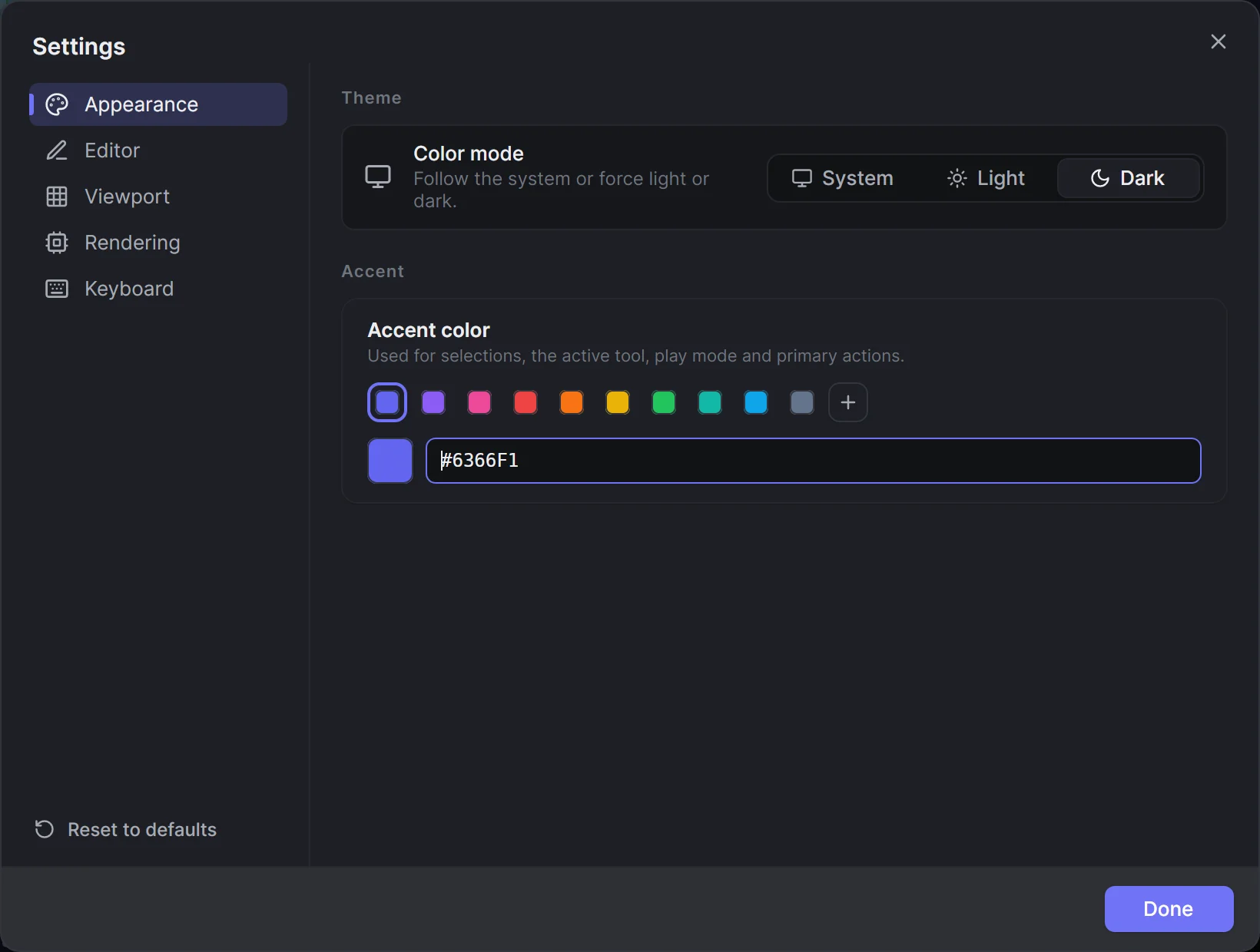 The Settings dialog on its Appearance page with the color mode and accent colors