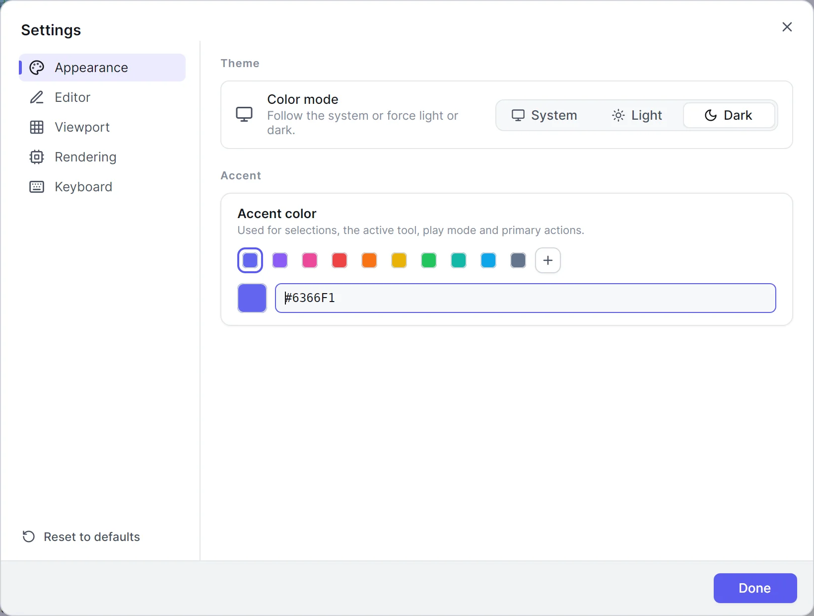 The Settings dialog on its Appearance page with the color mode and accent colors