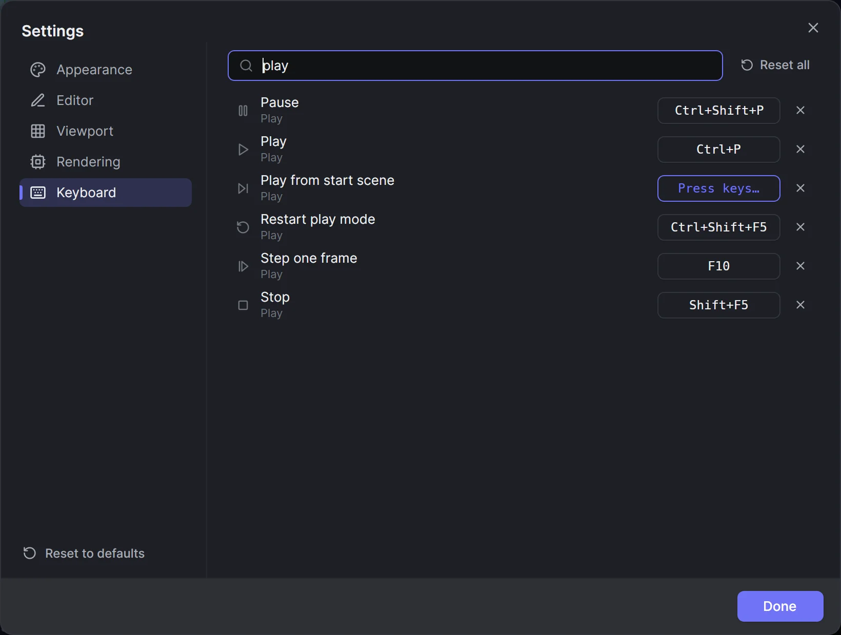 The Settings dialog's Keyboard page filtered to play commands, recording a new shortcut for Play from start scene