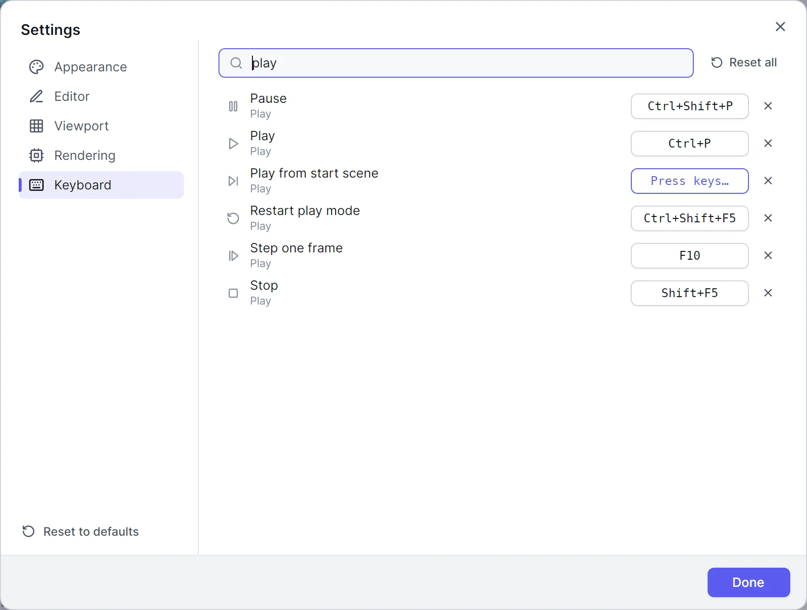 The Settings dialog's Keyboard page filtered to play commands, recording a new shortcut for Play from start scene