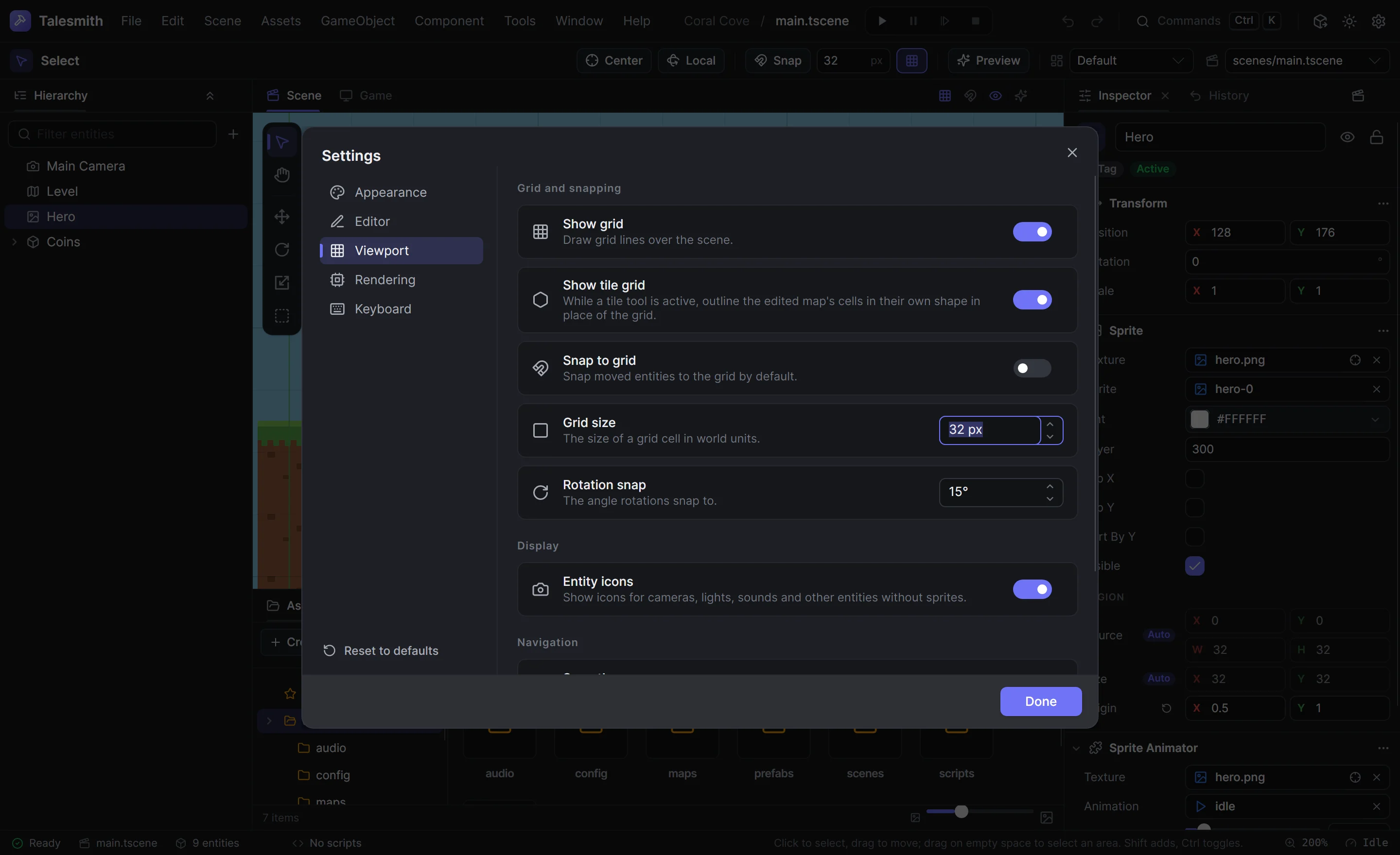 The Settings dialog on its Viewport page with the grid, snapping, entity icon and zoom settings