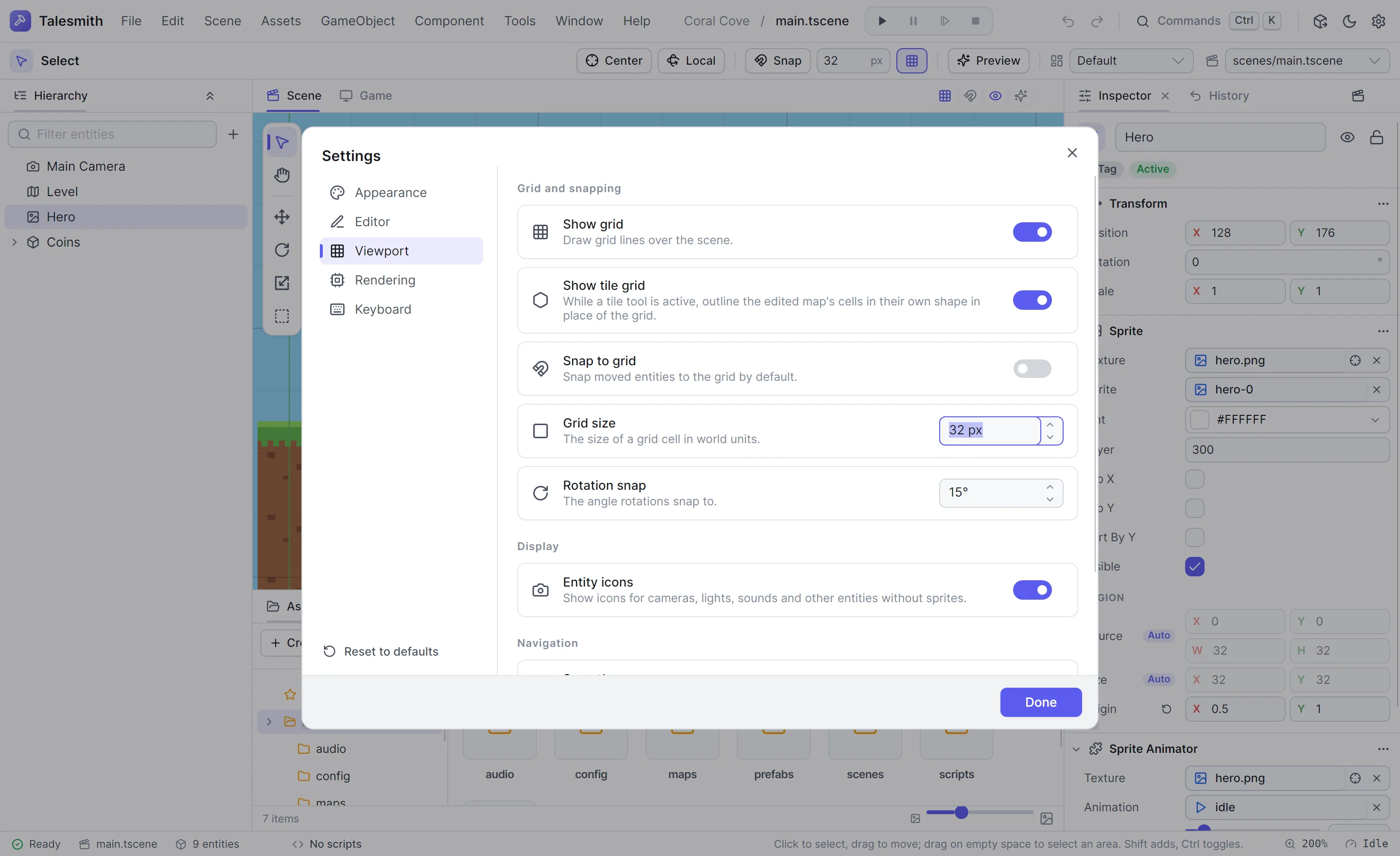 The Settings dialog on its Viewport page with the grid, snapping, entity icon and zoom settings