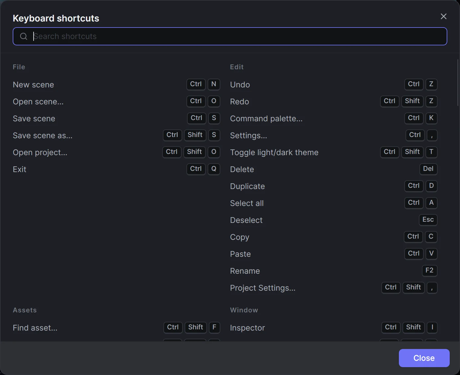 The Keyboard shortcuts sheet grouped by category