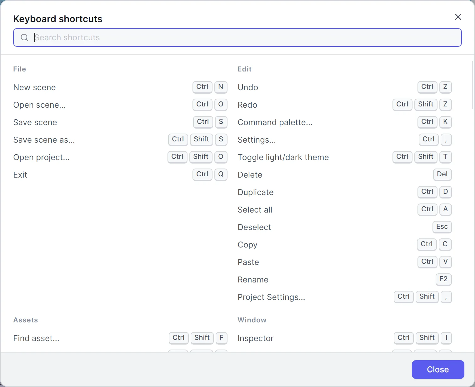 The Keyboard shortcuts sheet grouped by category