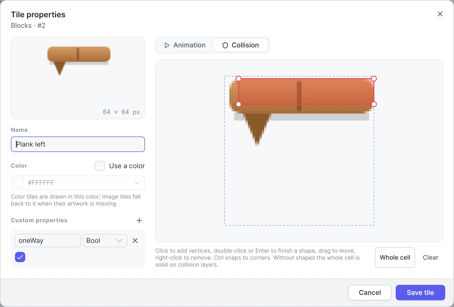 The Tile properties dialog on its Collision page, with a tile's collision shape