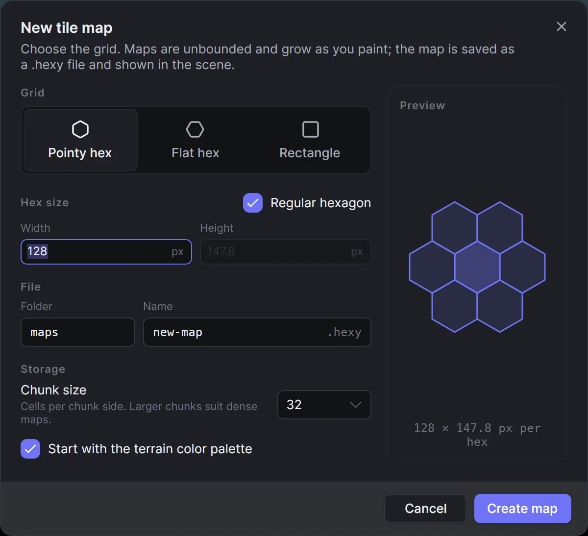 The New tile map dialog with the grid choices, the hex size and the file name