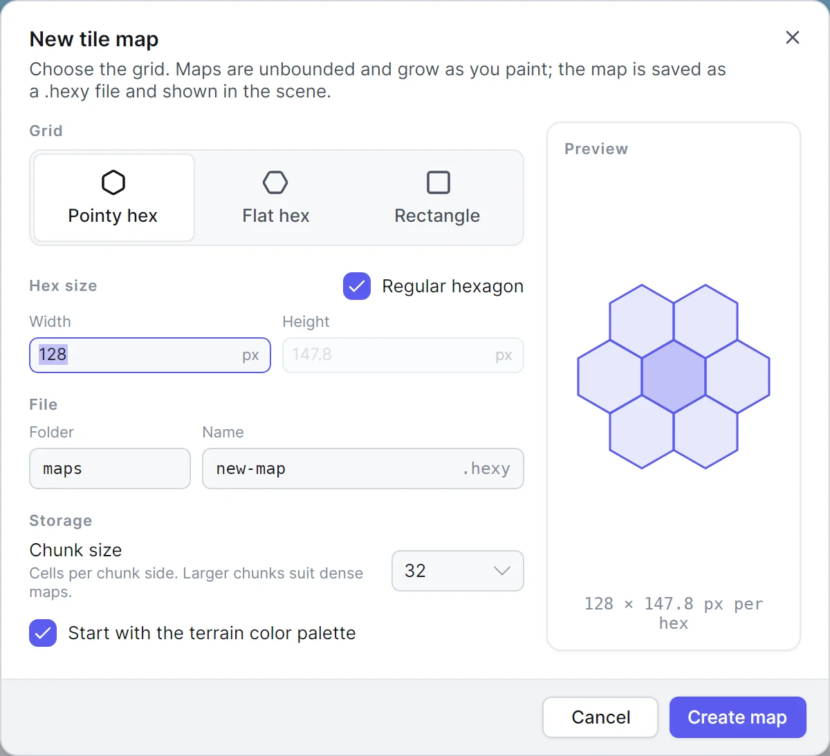 The New tile map dialog with the grid choices, the hex size and the file name