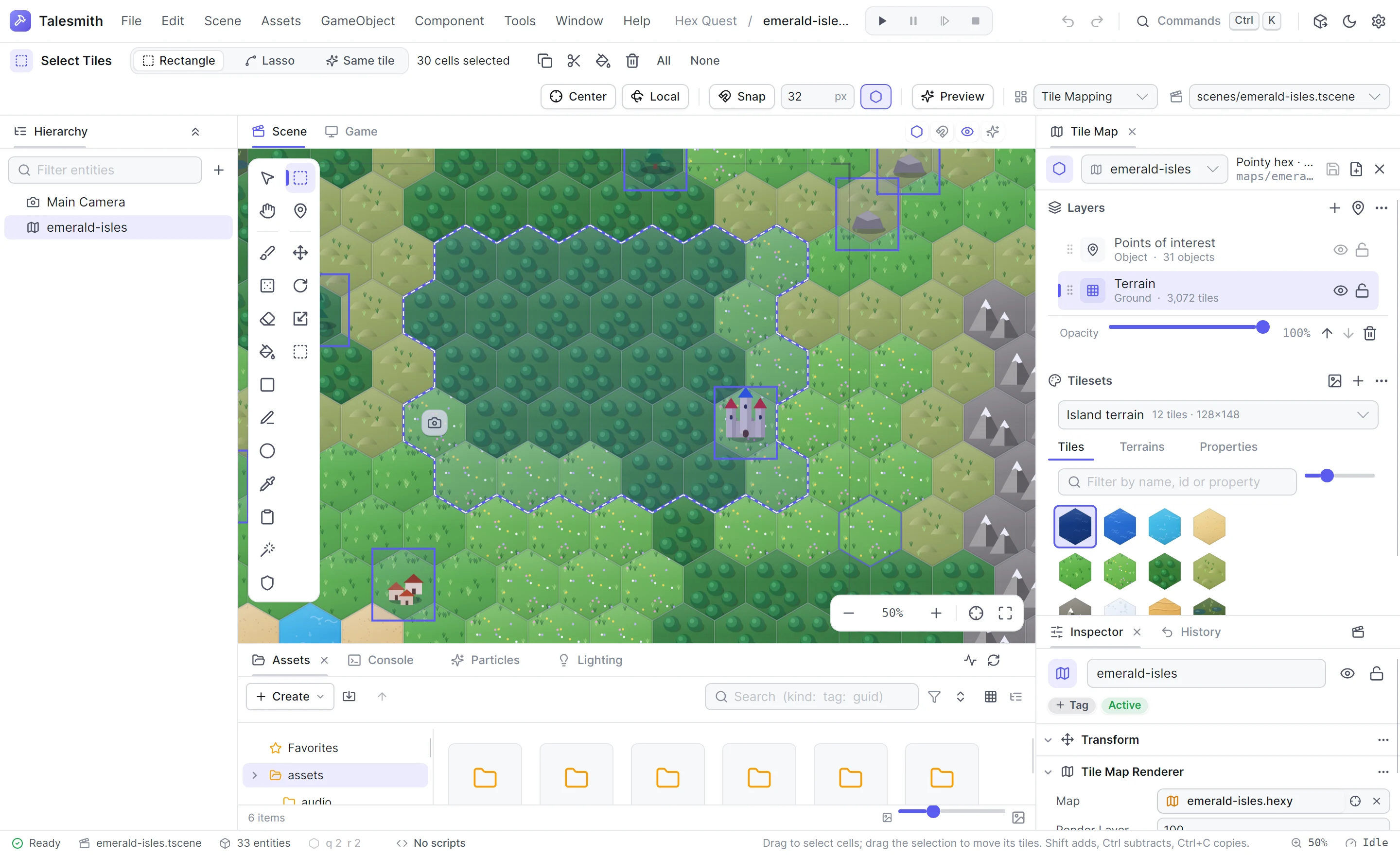A rectangle of hexes selected with the Select Tiles tool, its options in the tool options bar