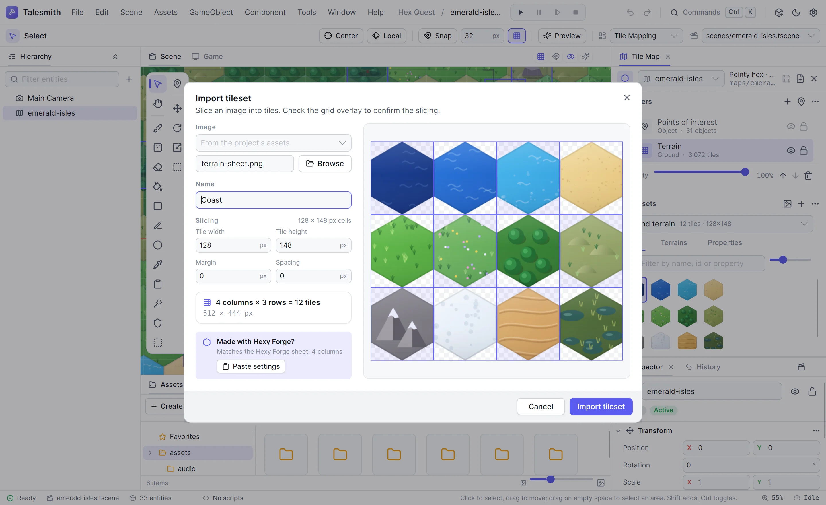 The tileset import dialog slicing a tileset image into tiles