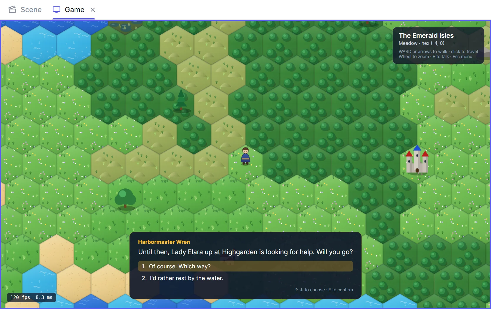 Hex Quest in play mode with the dialogue box of the cutscene plugin: Harbormaster Wren asks whether you will go to Highgarden, with two numbered answers