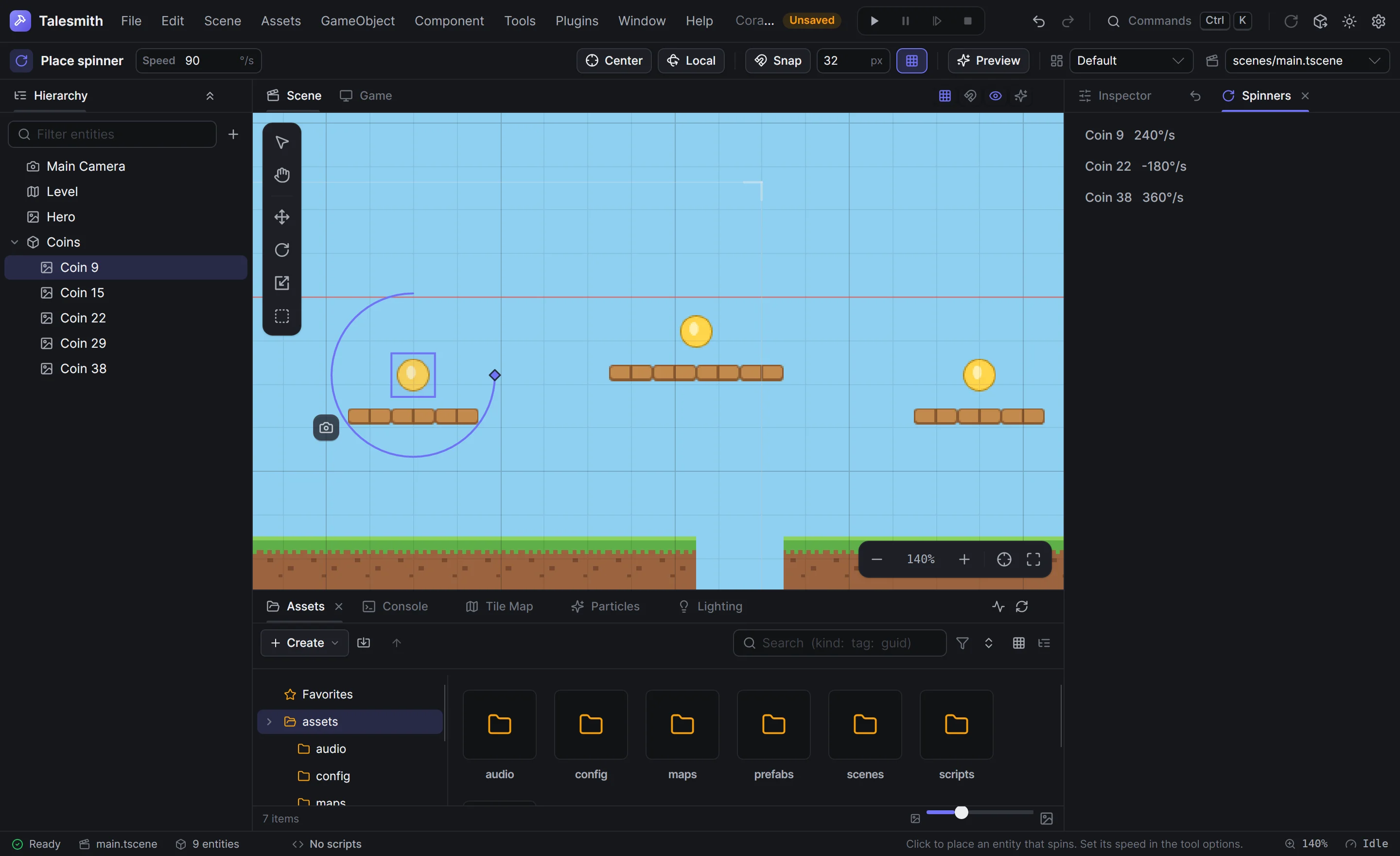 The editor with the Spinners editor plugin: the Spinners panel listing three coins, the Place spinner tool selected with its Speed option, an arc gizmo with a handle around the selected coin, and an Add spinner button in the app bar