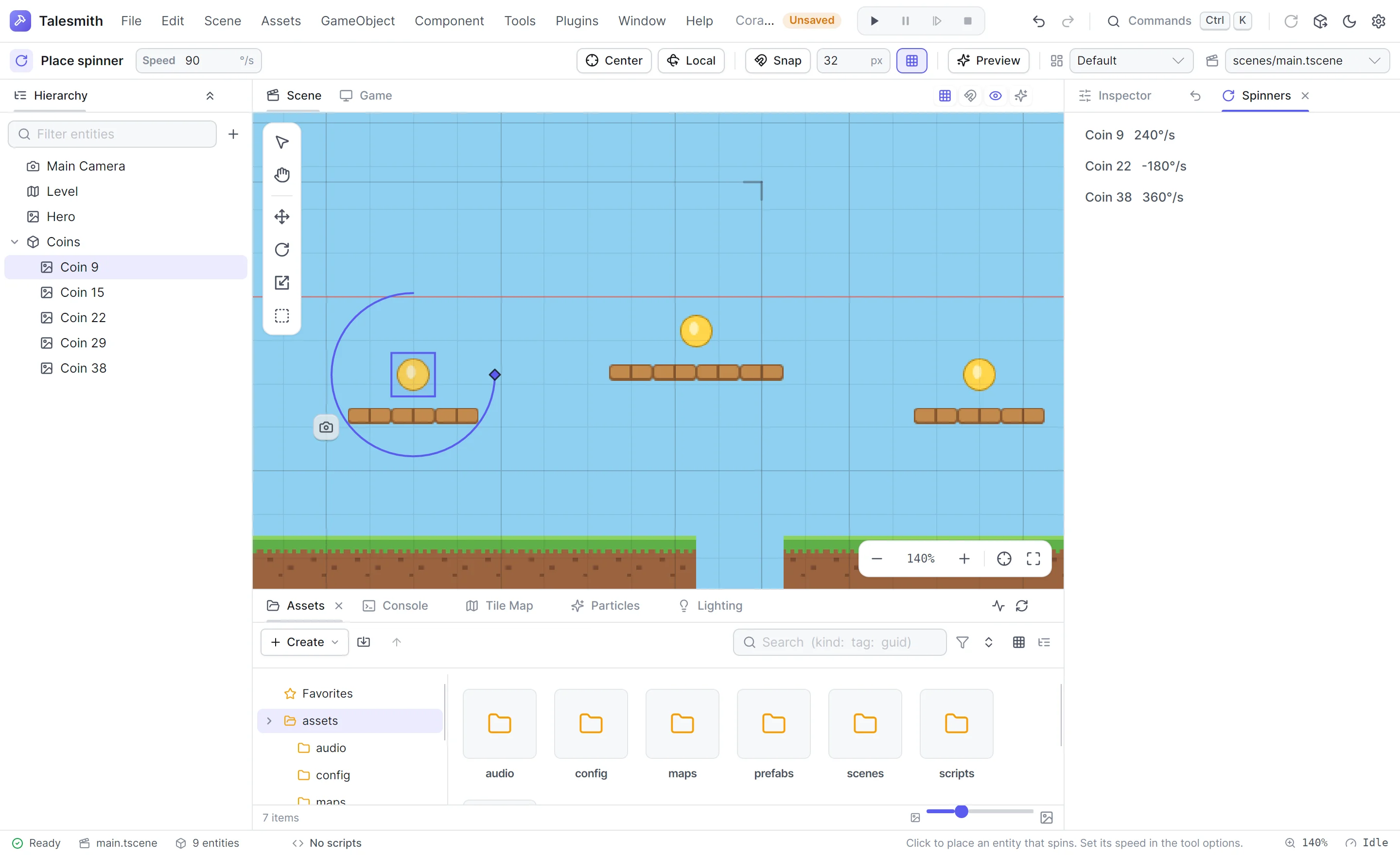 The editor with the Spinners editor plugin: the Spinners panel listing three coins, the Place spinner tool selected with its Speed option, an arc gizmo with a handle around the selected coin, and an Add spinner button in the app bar
