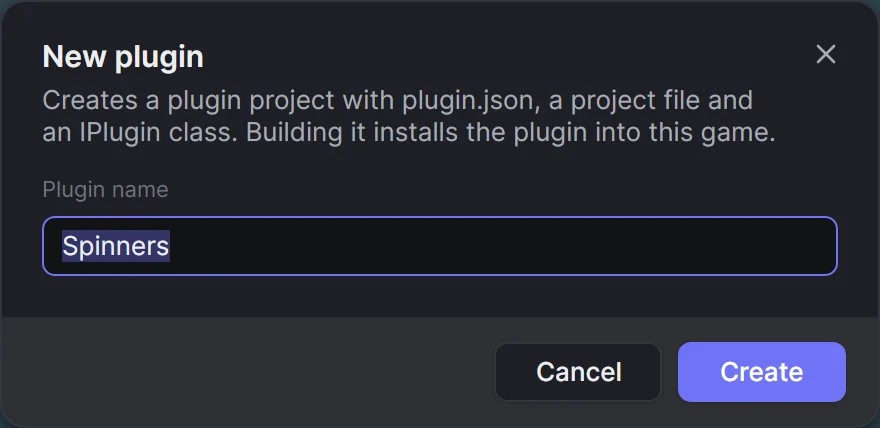 The New plugin dialog with Spinners typed as the plugin name and a Create button