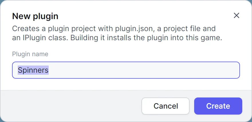 The New plugin dialog with Spinners typed as the plugin name and a Create button