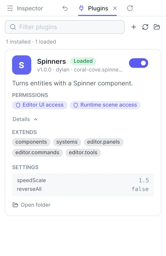 The Spinners card expanded, with its Runtime scene access and Editor UI access permissions, the extension points it lists and its saved settings speedScale and reverseAll