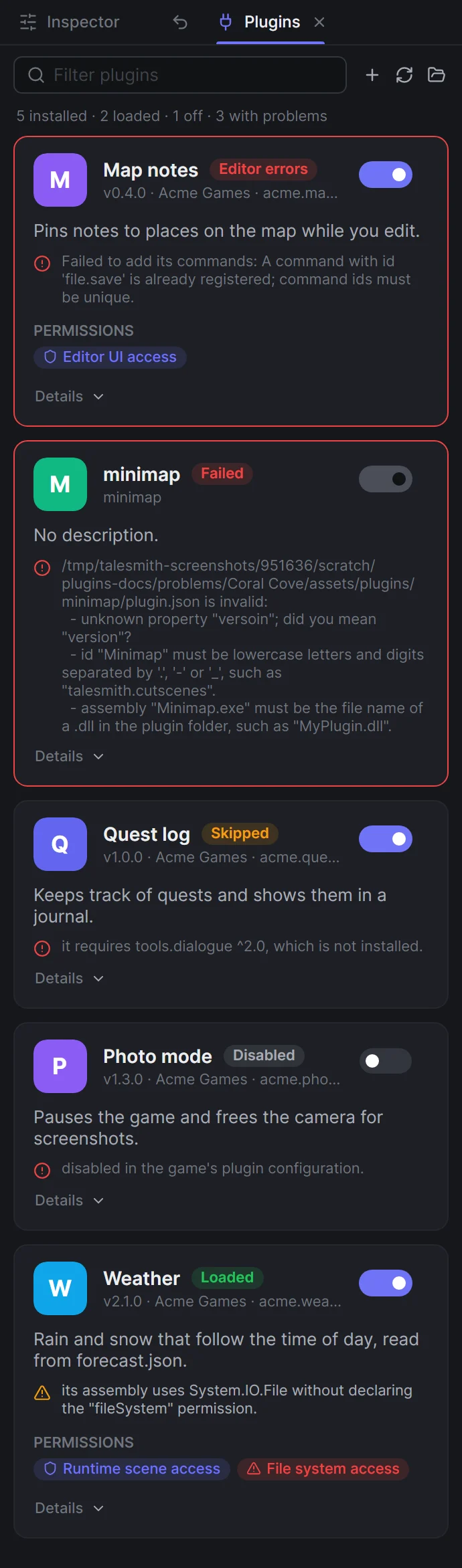 Plugin cards in the Plugins panel: Map notes with editor errors and an Editor UI access chip, a plugin folder with an invalid manifest, Quest log skipped for a missing dependency, Photo mode switched off, and Weather with a red File system access chip and a warning that its assembly uses System.IO.File